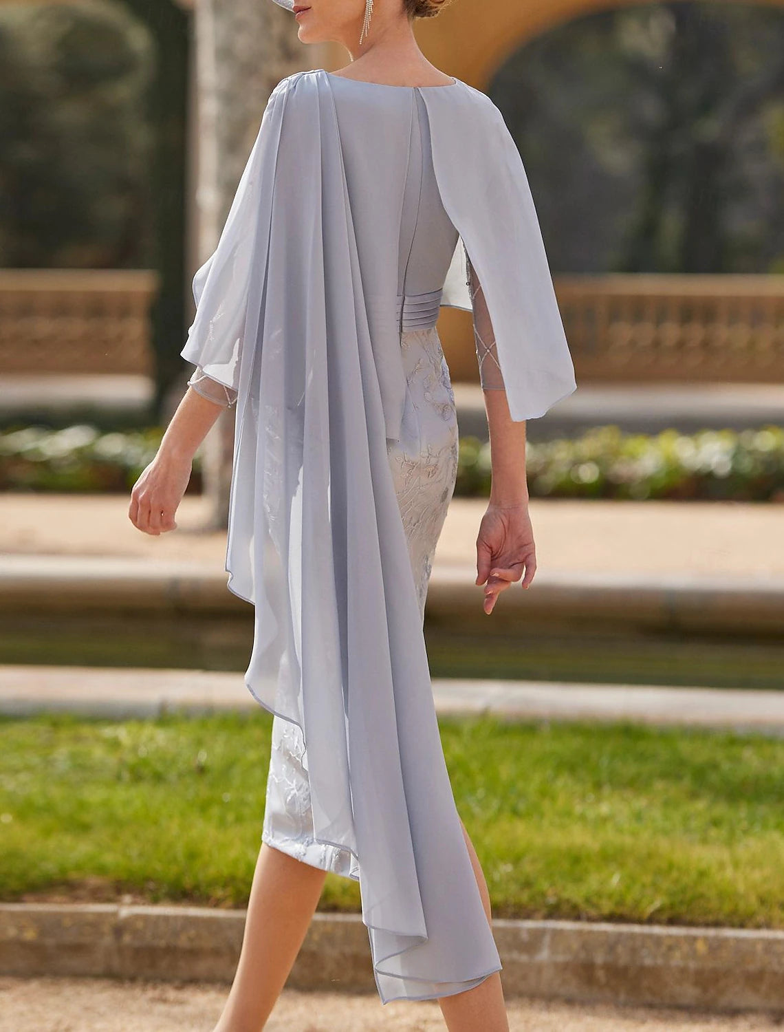 Buyishang Sheath / Column Mother of the Bride Dress Elegant Jewel Neck Tea Length Chiffon 3/4 Length Sleeve with Sash / Ribbon Appliques free custom size