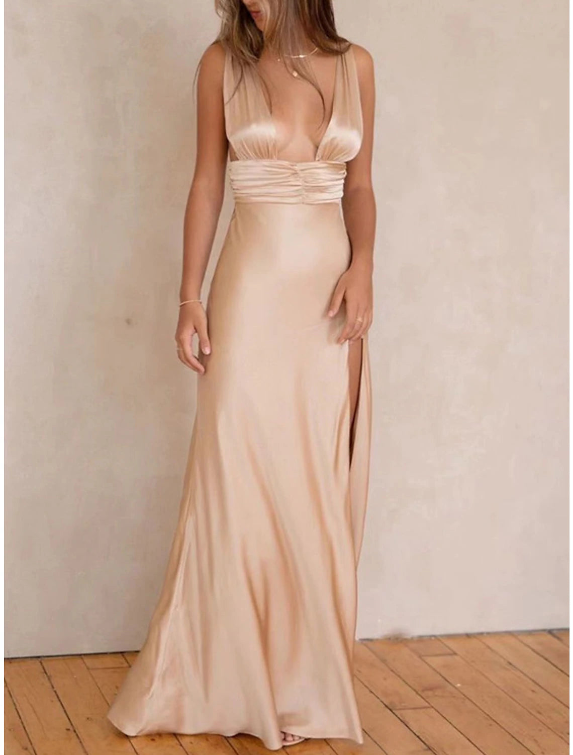 Women's Prom Dress Party Dress Wedding Guest Dress Long Dress Maxi Dress Rose Gold Black White Sleeveless Plain Split Summer Spring Fall Deep V Elegant Wedding Guest Evening Party Vacation
