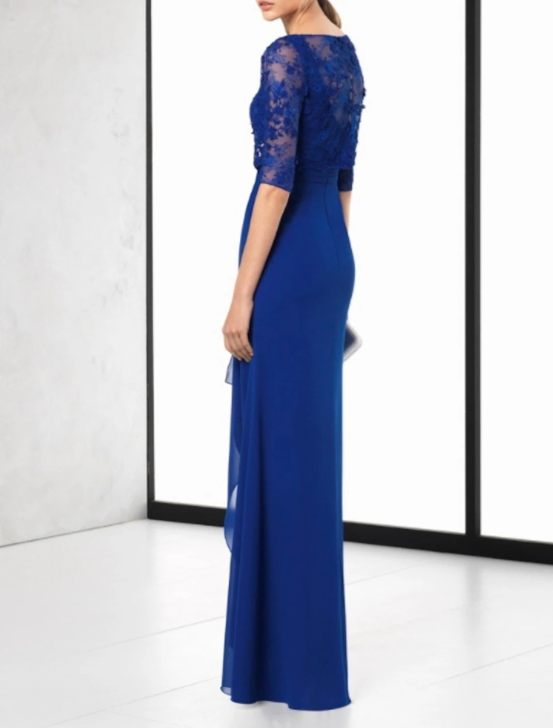 Sheath / Column Cut Out Elegant Wedding Guest Formal Evening Dress Jewel Neck Half Sleeve Floor Length Chiffon with Sash / Ribbon