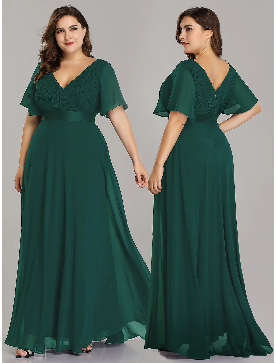A-Line WE Empire Dress Prom Formal Evening Floor Length Short Sleeve V Neck Bridesmaid Dress Chiffon V Back with Pleats Ruched