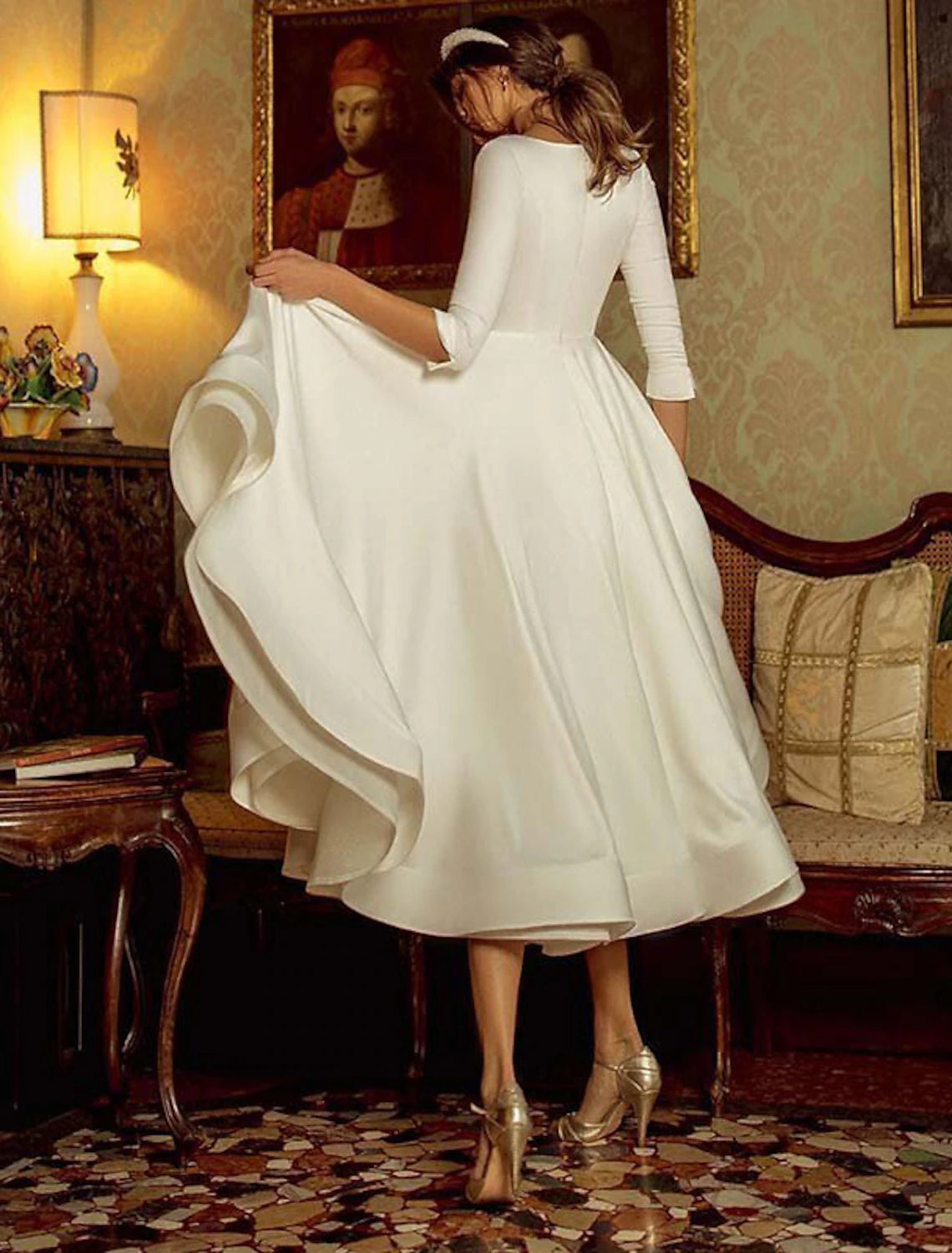 Women‘s Party Dress Wedding Guest Dress Swing Dress White Dress Long Dress Maxi Dress White 3/4 Length Sleeve Pure Color Patchwork Winter Fall Autumn V Neck Elegant Evening Party