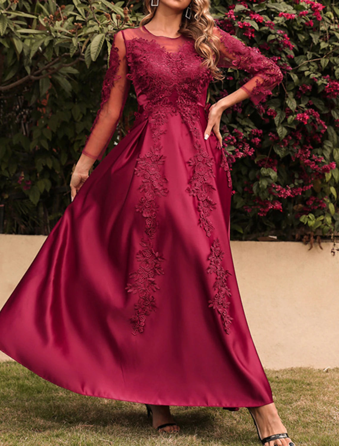 Women's Prom Dress Party Dress Lace Dress Long Dress Maxi Dress Red 3/4 Length Sleeve Pure Color Lace Spring Fall Winter Crew Neck Fashion Party Winter Dress Birthday
