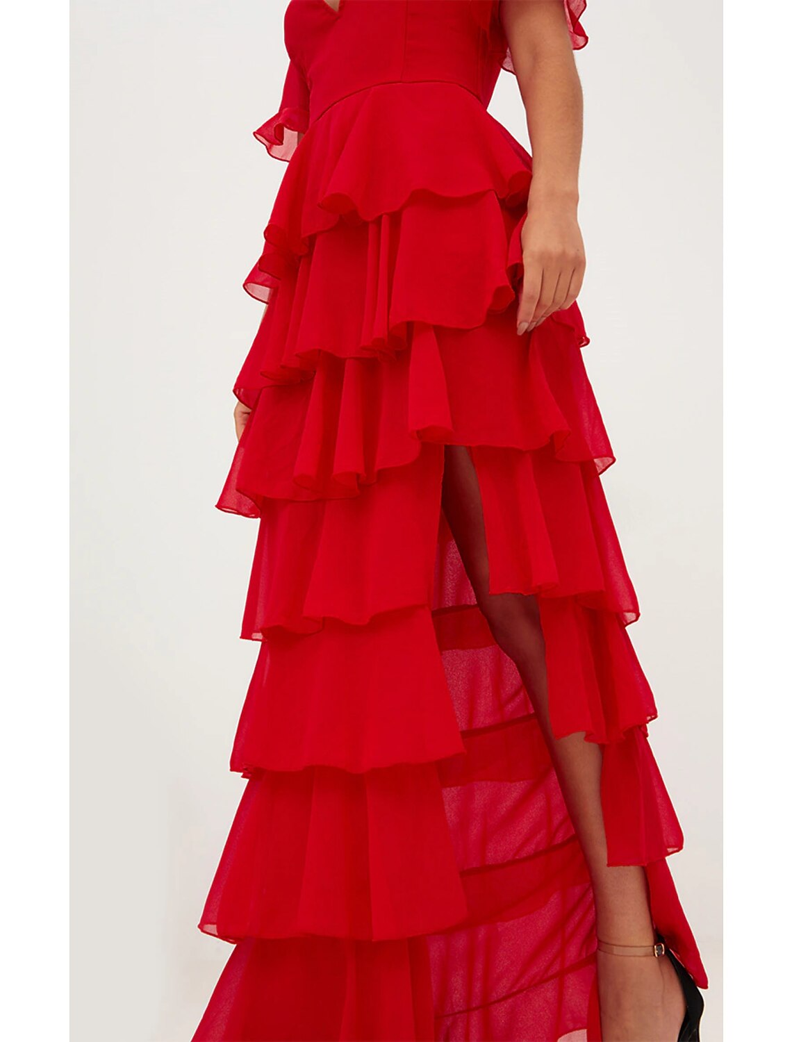 A-Line Evening Dress Red Green Dress Elegant Wedding Guest Formal V Neck Short Sleeve Floor Length Chiffon with Ruffles Tier