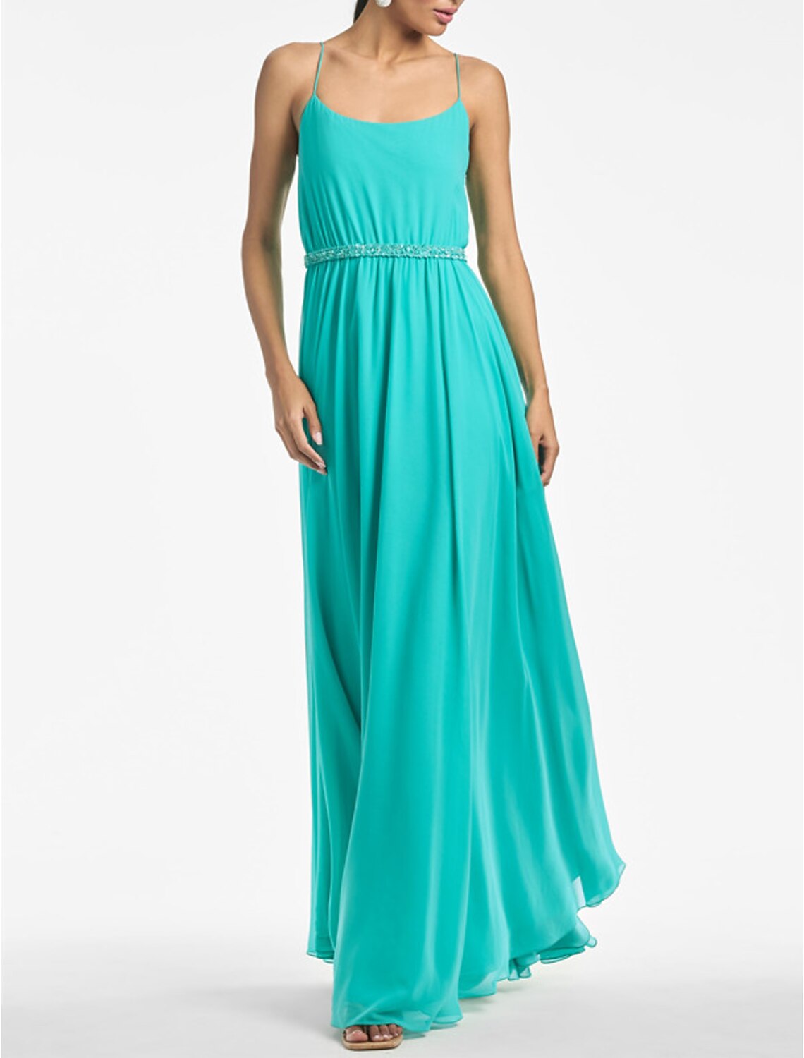 A-Line Wedding Guest Dresses Elegant Dress Formal Evening Party Floor Length Sleeveless Spaghetti Strap Chiffon with Rhinestone