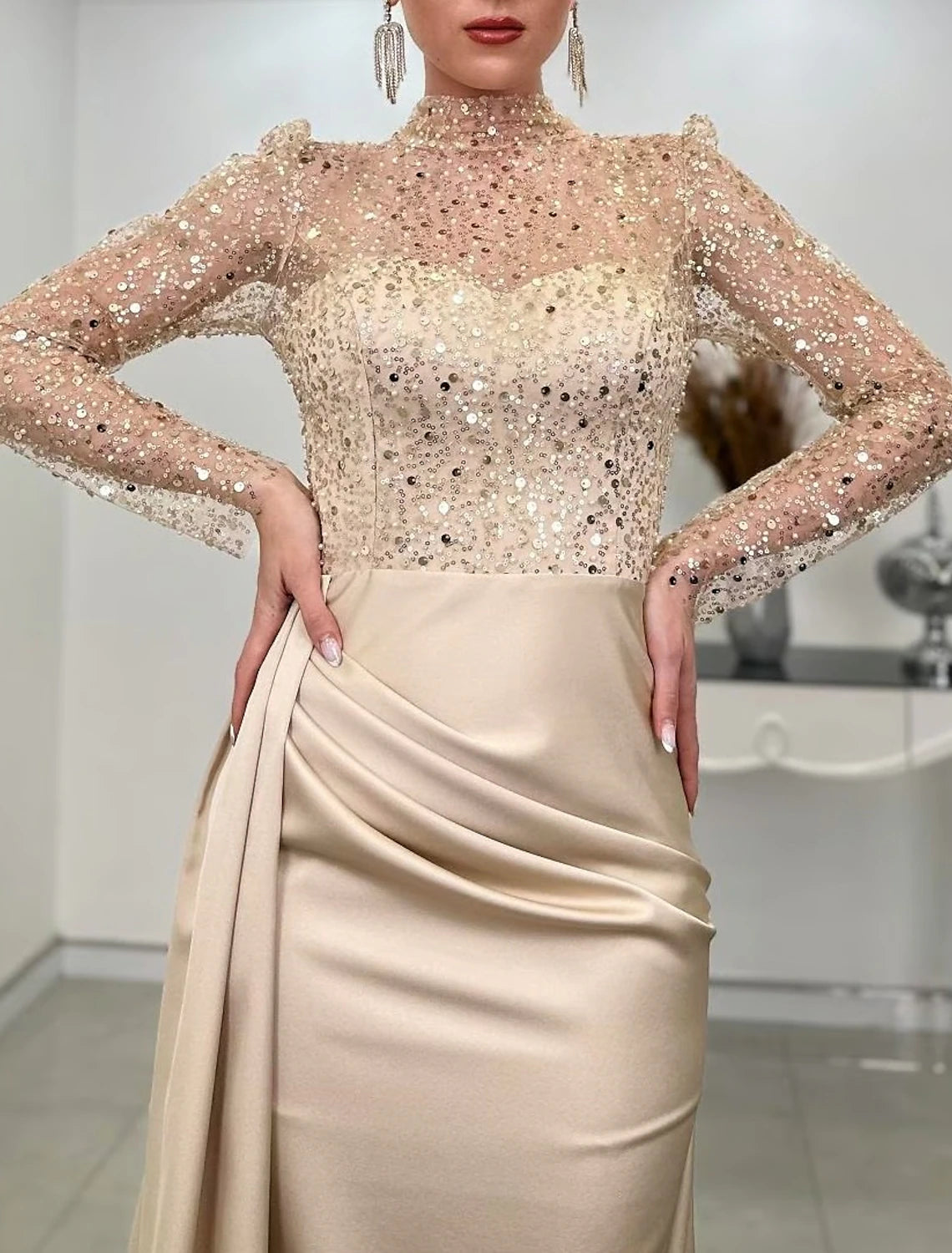 Mermaid / Trumpet Evening Gown Elegant Dress Wedding Guest Fall Court Train Long Sleeve High Neck Satin with Ruched Pearls Slit