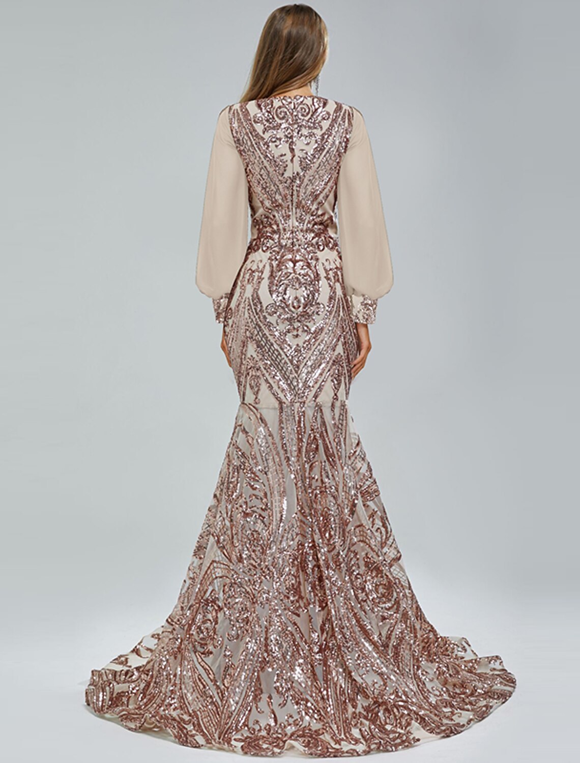 Mermaid / Trumpet Evening Gown Sparkle & Shine Dress Formal Wedding Guest Sweep / Brush Train Long Sleeve V Neck Lace with Sequin Appliques