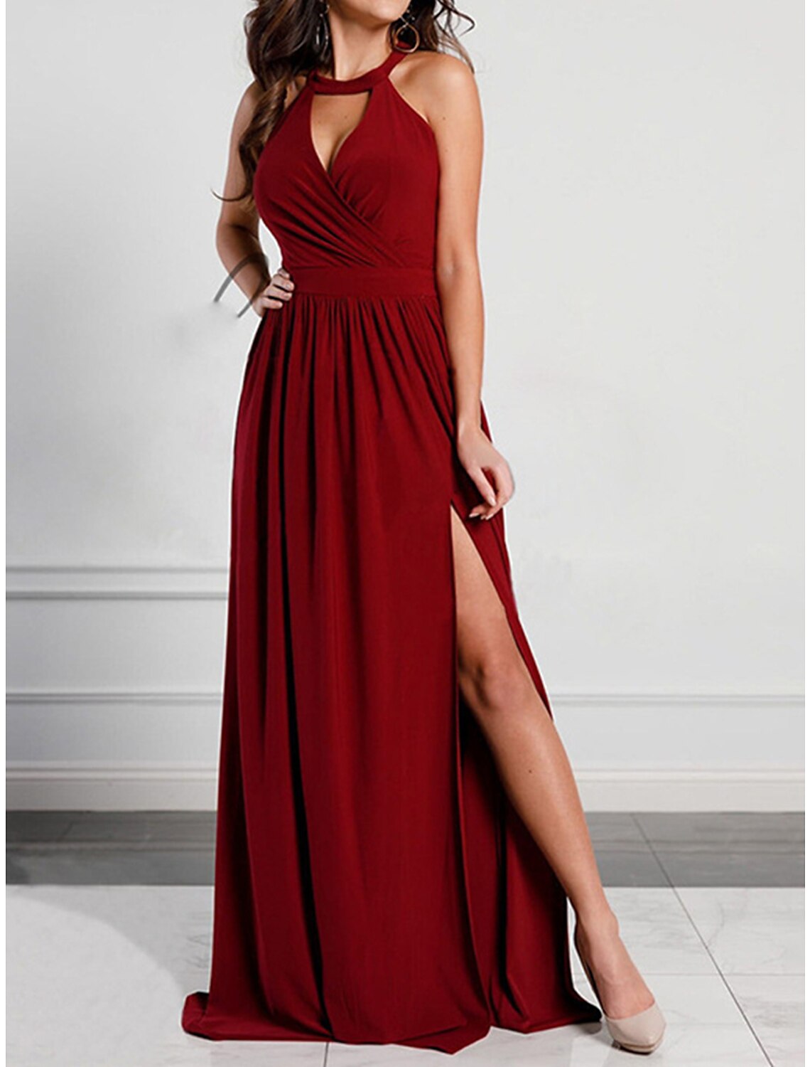 Women's Prom Dress Party Dress Wedding Guest Dress Long Dress Maxi Dress Pink Wine Green Sleeveless Plain Backless Summer Spring Fall Halter Neck Red Valentines Dress Valentine's Day Wedding Guest