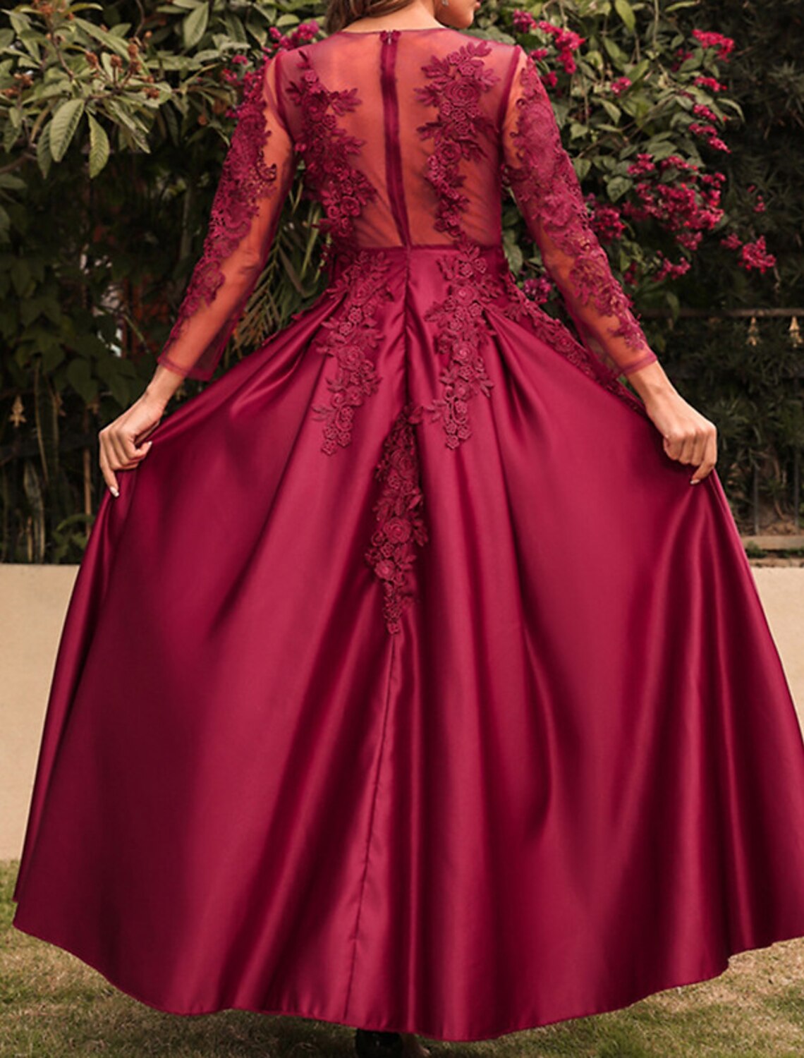 Women's Prom Dress Party Dress Lace Dress Long Dress Maxi Dress Red 3/4 Length Sleeve Pure Color Lace Spring Fall Winter Crew Neck Fashion Party Winter Dress Birthday