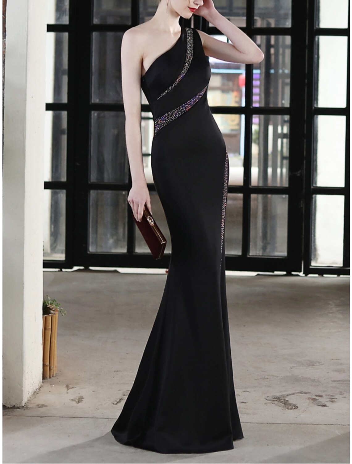 Sheath / Column Evening Gown Elegant Dress Formal Floor Length Sleeveless One Shoulder Spandex with Pleats Sequin