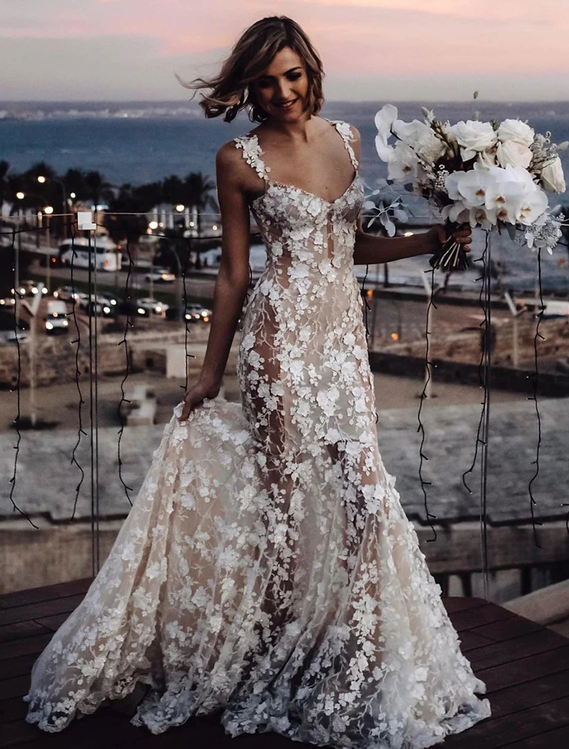 Beach Sexy Boho Wedding Dresses Mermaid / Trumpet Sweetheart Regular Straps Court Train Lace Bridal Gowns With Appliques Summer Fall Wedding Party Women's Clothing