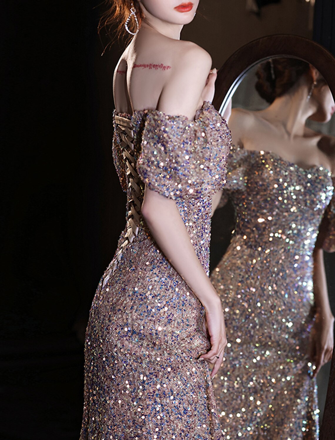 Mermaid / Trumpet Prom Dresses Sparkle & Shine Dress Wedding Guest Prom Floor Length Short Sleeve Sweetheart Lace with Sequin