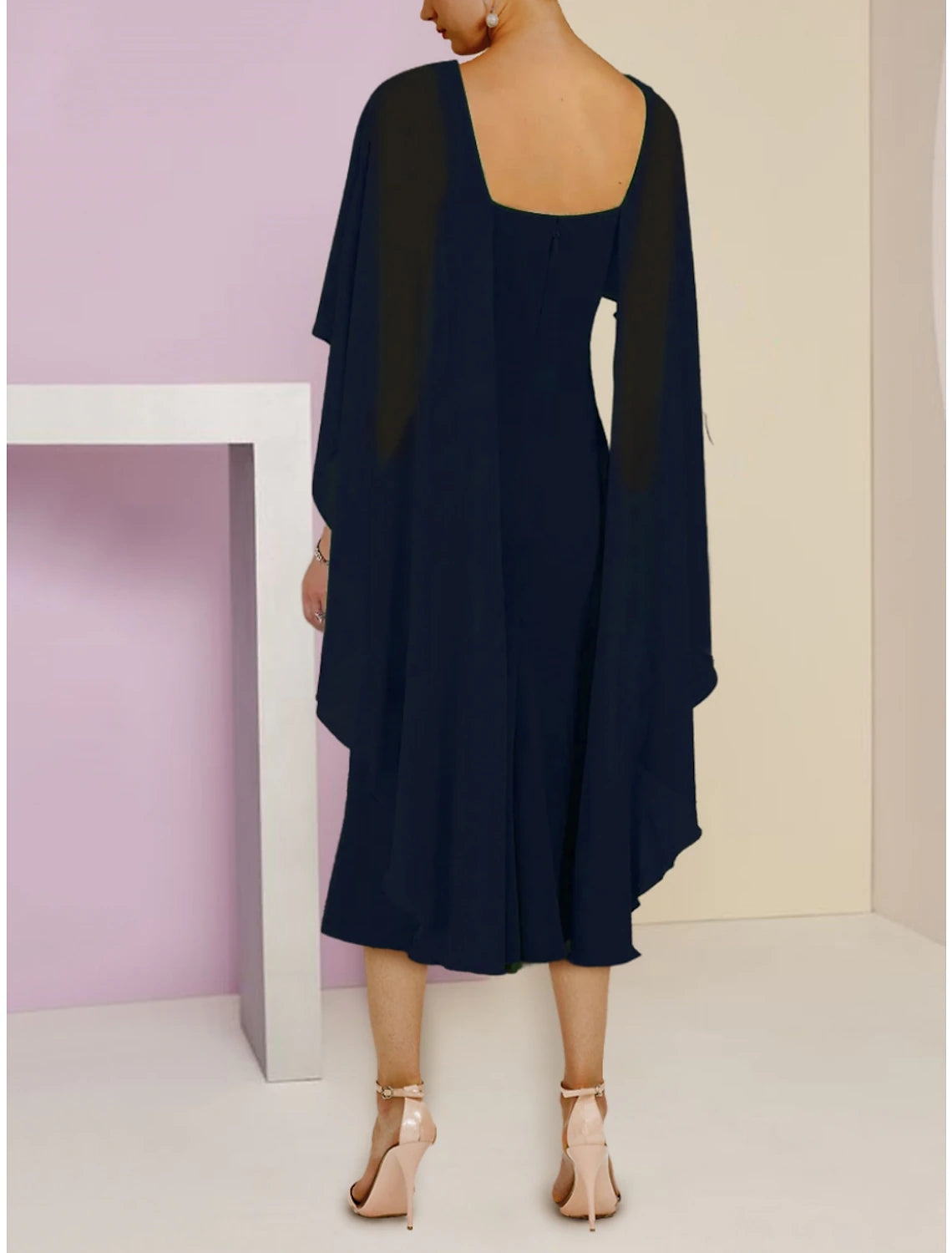 Sheath / Column Mother of the Bride Dress Wedding Guest Simple Elegant Scoop Neck Tea Length Chiffon Short Sleeve with Ruching Solid Color