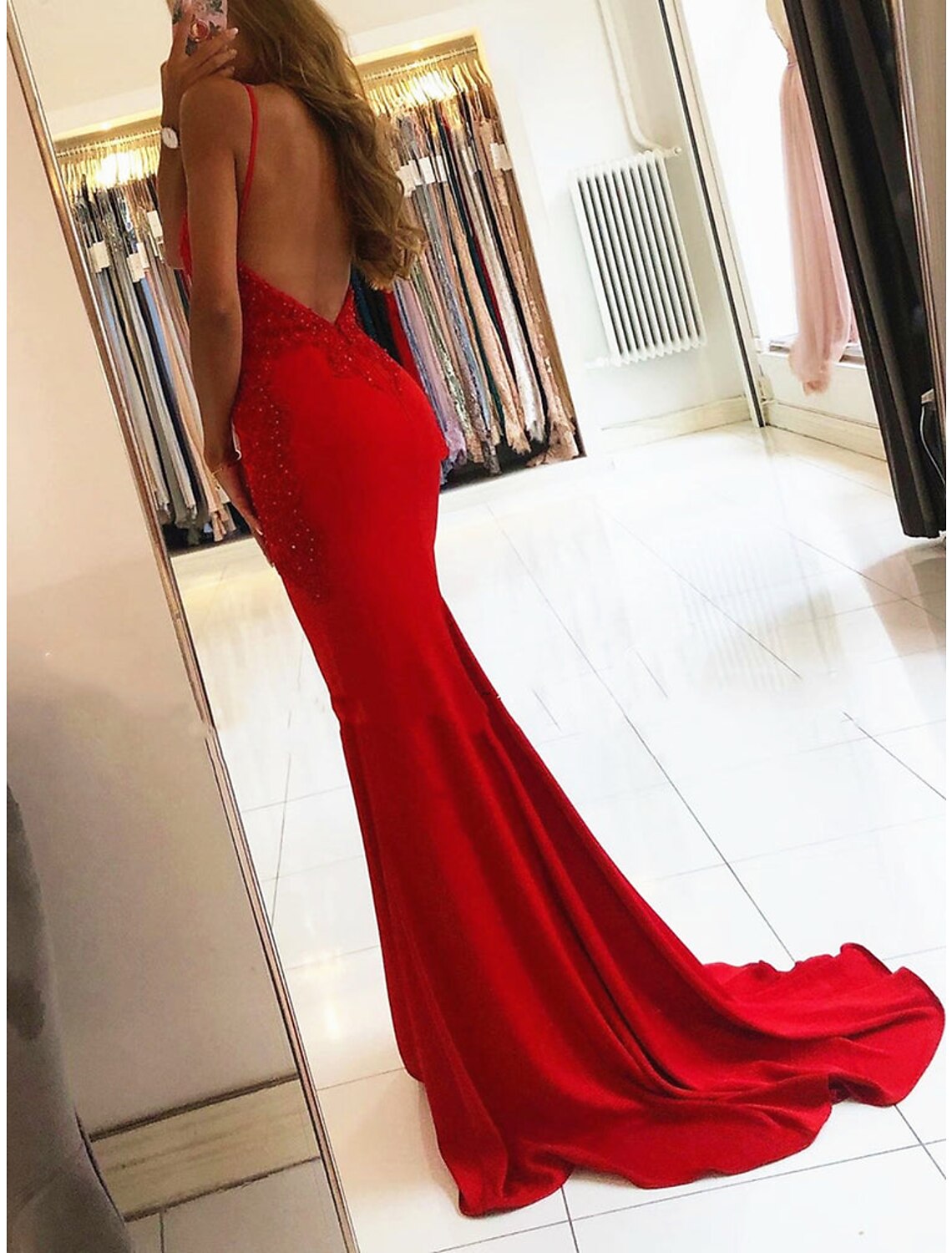 Mermaid / Trumpet Prom Dresses Open Back Dress Formal Prom Court Train Sleeveless V Neck Stretch Fabric Backless with Appliques