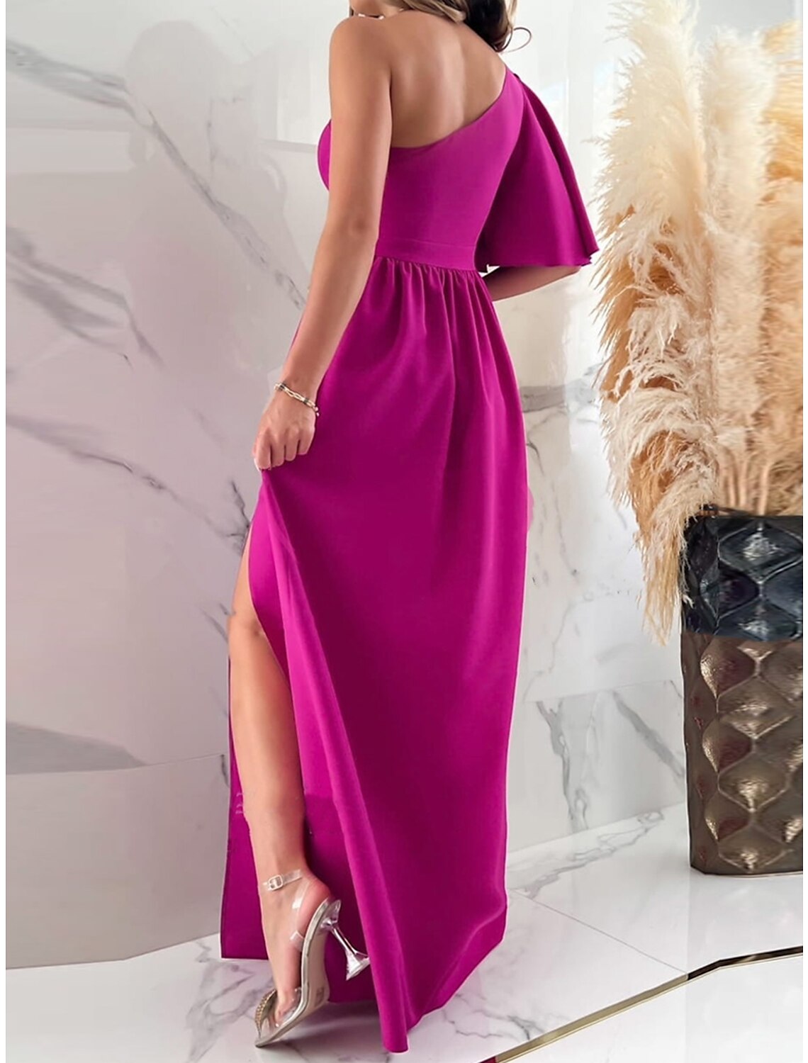 Women's Prom Dress Party Dress Satin Dress Long Dress Maxi Dress Black Red Fuchsia Short Sleeve Pure Color Ruffle Spring Fall Winter One Shoulder Red Valentines Dress Christmas Valentine's Day