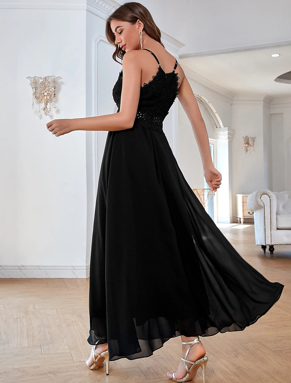 A-Line Evening Gown Elegant Dress Party Wear Formal Evening Ankle Length Sleeveless Spaghetti Strap Chiffon with Sequin Pure Color Splicing