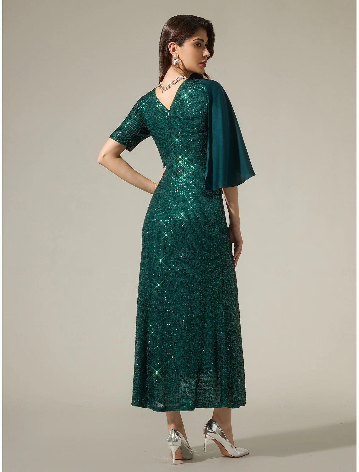 Buyishang Green Satin Sequin Sparkly Mismatched Short Sleeve Mother of the Bride Sparkly Maxi Dress dress to impress