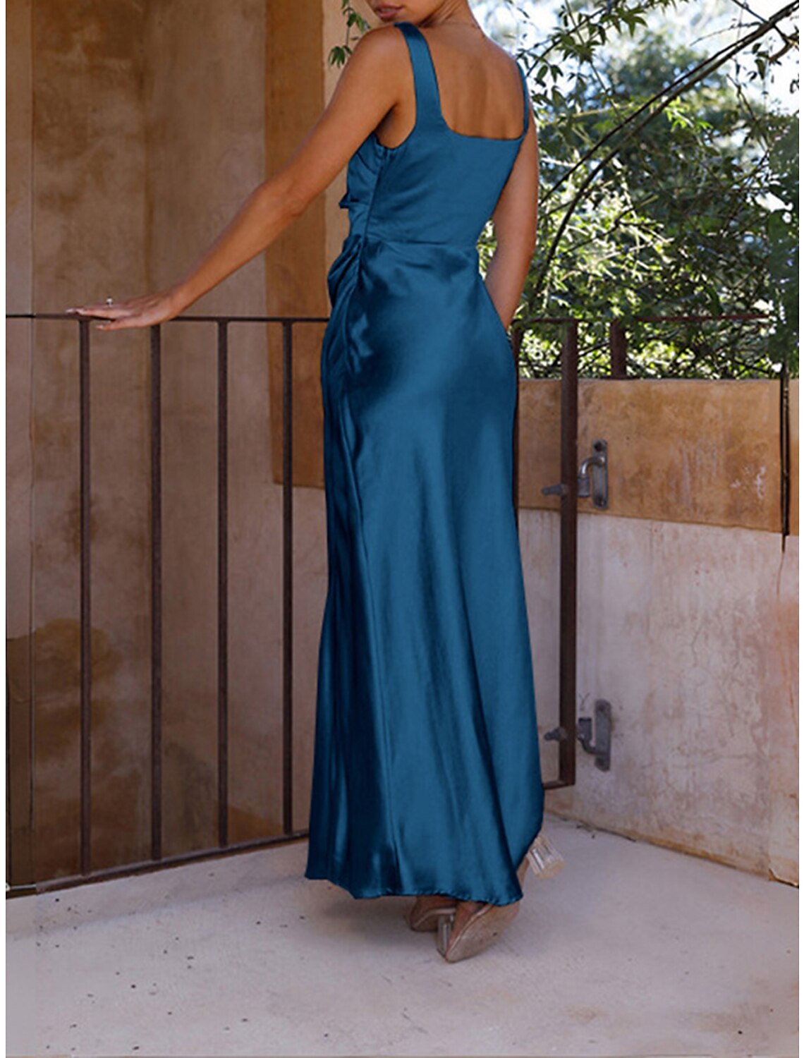 Women's Prom Dress Party Dress Wedding Guest Dress Long Dress Maxi Dress Black Blue Fuchsia Sleeveless Plain Ruched Summer Spring Fall Square Neck Elegant Wedding Guest Birthday Evening Party