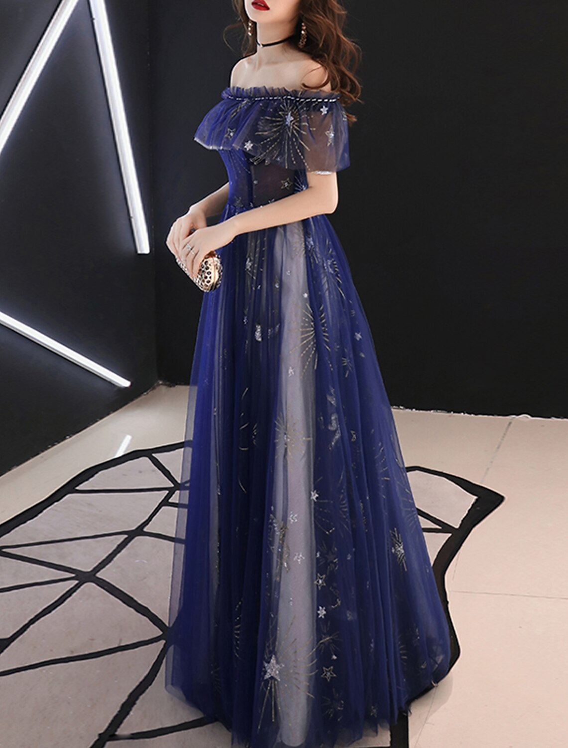 A-Line Sparkle Prom Formal Evening Dress Off Shoulder Short Sleeve Floor Length Tulle with Beading Pattern