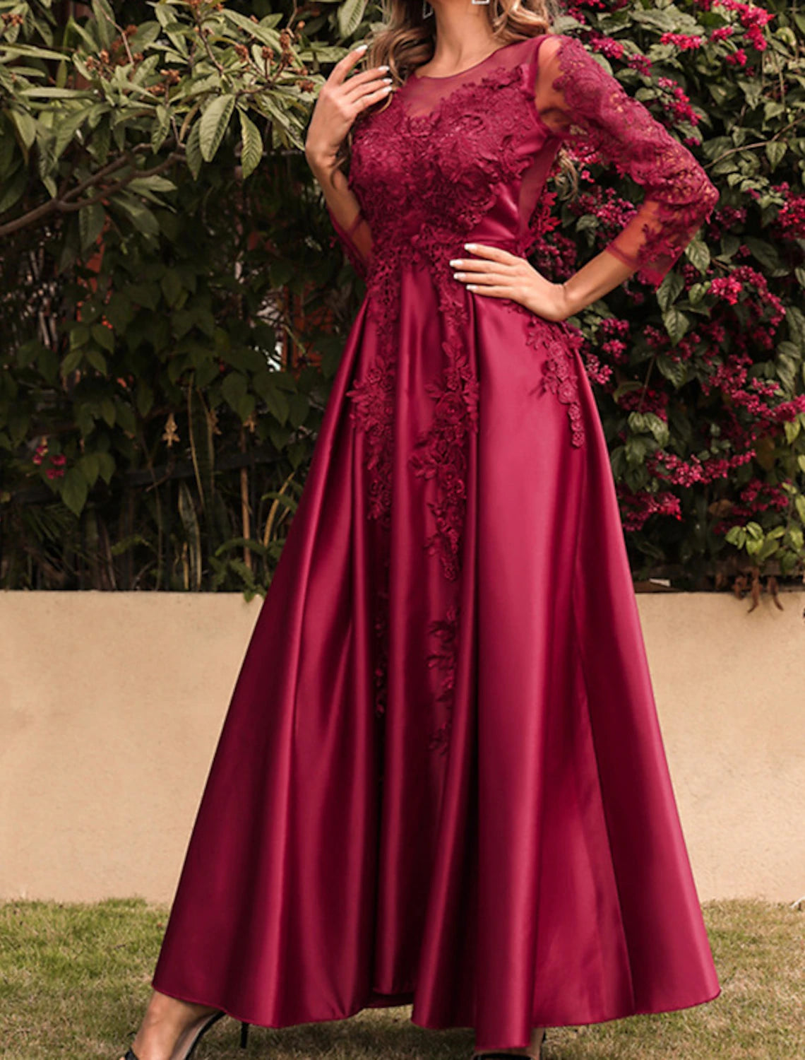 Women's Prom Dress Party Dress Lace Dress Long Dress Maxi Dress Red 3/4 Length Sleeve Pure Color Lace Spring Fall Winter Crew Neck Red Valentines Dress Party Winter Dress Valentine's Day
