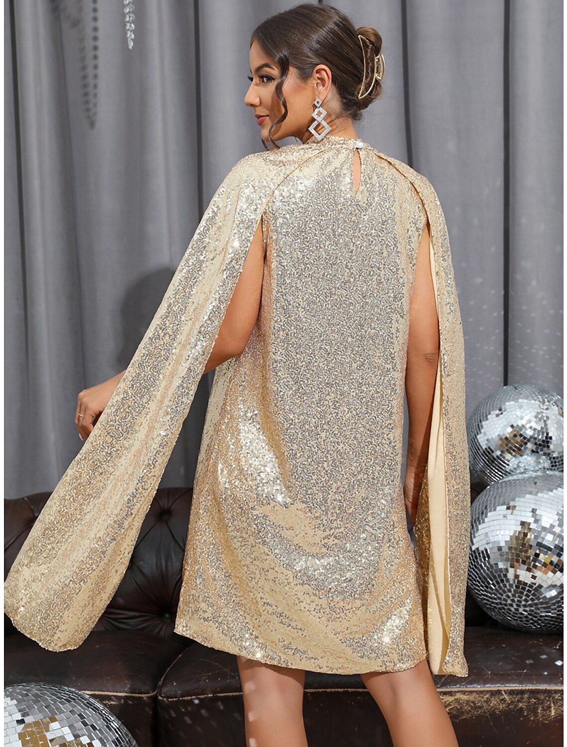 Women's Gold Sequin Dress Gold Dress Party Dress Sparkly Dress Semi Formal Short Mini Dress Silver Sleeveless Split Spring Summer Crew Neck Stylish Elegant