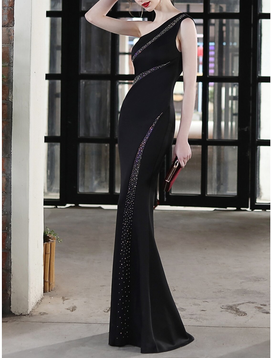 Sheath / Column Evening Gown Elegant Dress Formal Floor Length Sleeveless One Shoulder Spandex with Pleats Sequin