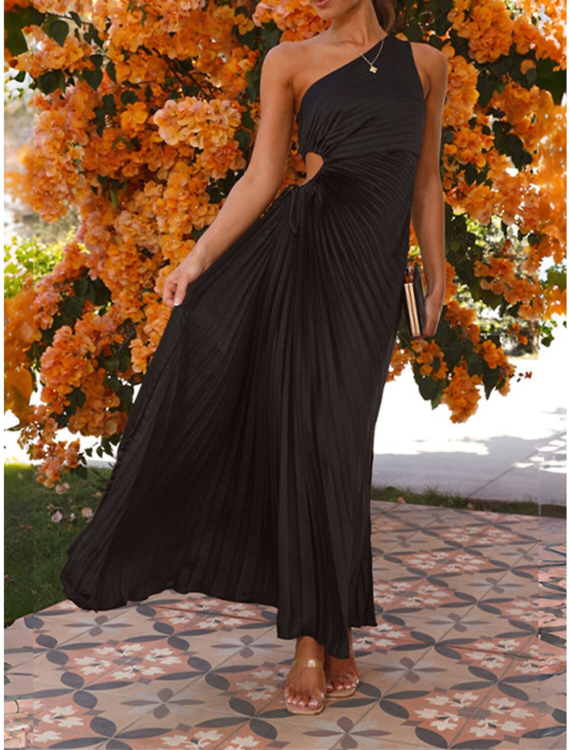 Women's Prom Dress Party Dress Cut Out Dress Long Dress Maxi Dress Black Light Purple Fuchsia Sleeveless Plain Pleated Summer Spring Fall One Shoulder Elegant Wedding Guest Birthday Evening Party