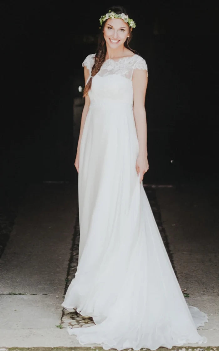 Buyishang High-end A Line Jewel Chiffon Sweep Train Wedding Dress with Appliques