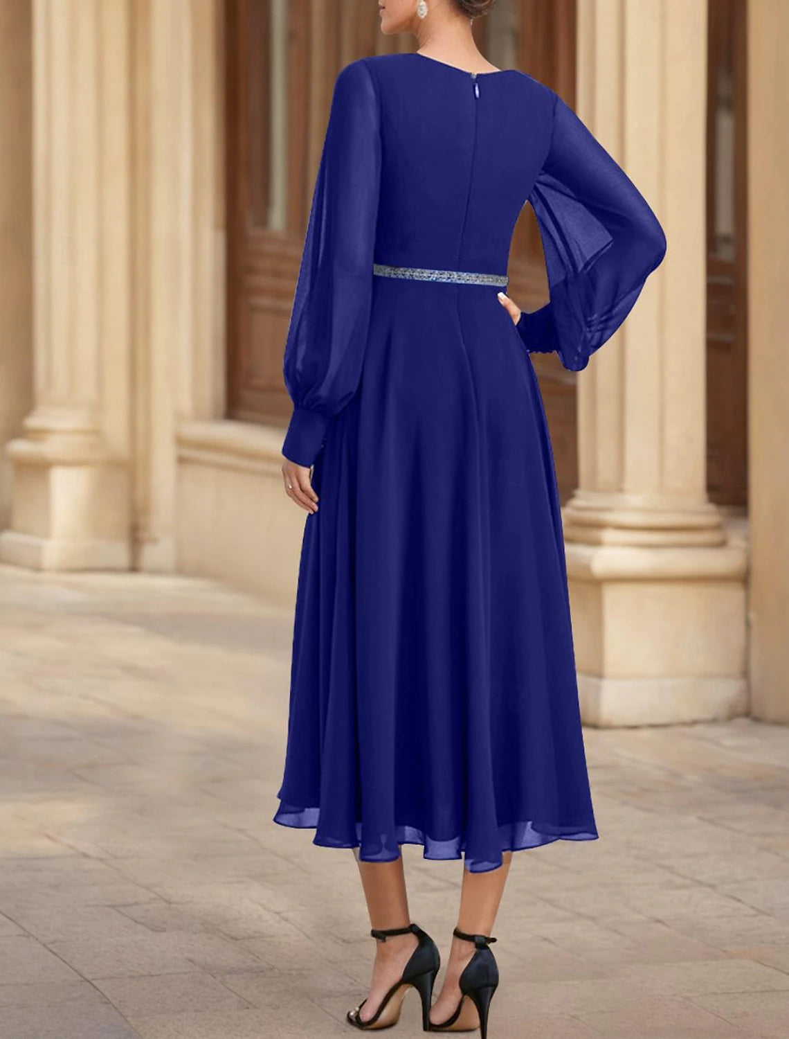 Buyishang A-Line Mother of the Bride Dress Wedding Guest Elegant Square Neck Ankle Length Chiffon Long Sleeve with Crystals free custom size