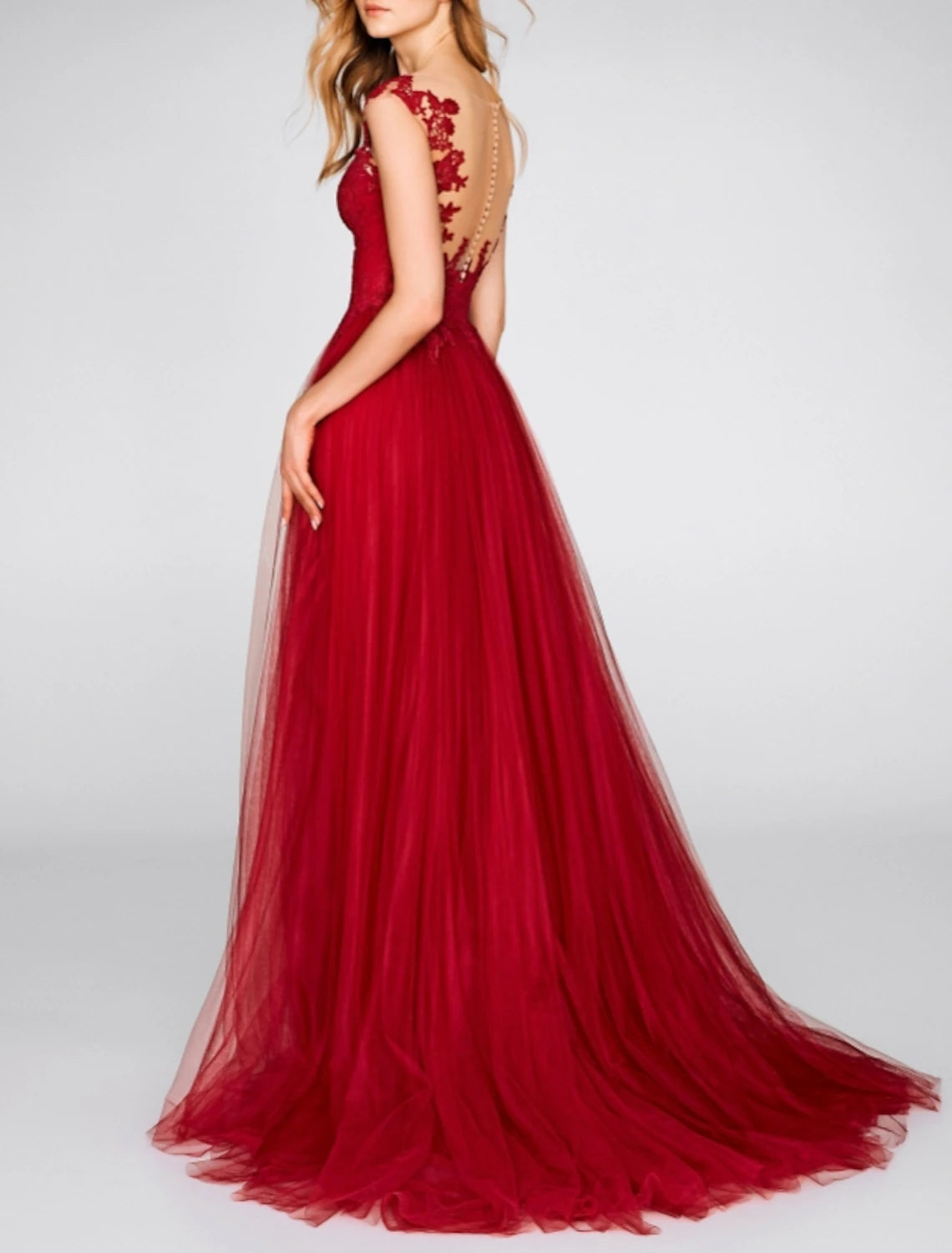 A-Line Evening Gown Party Dress Red Green Dress Engagement Prom Court Train Sleeveless V Neck Chiffon with Slit Appliques
