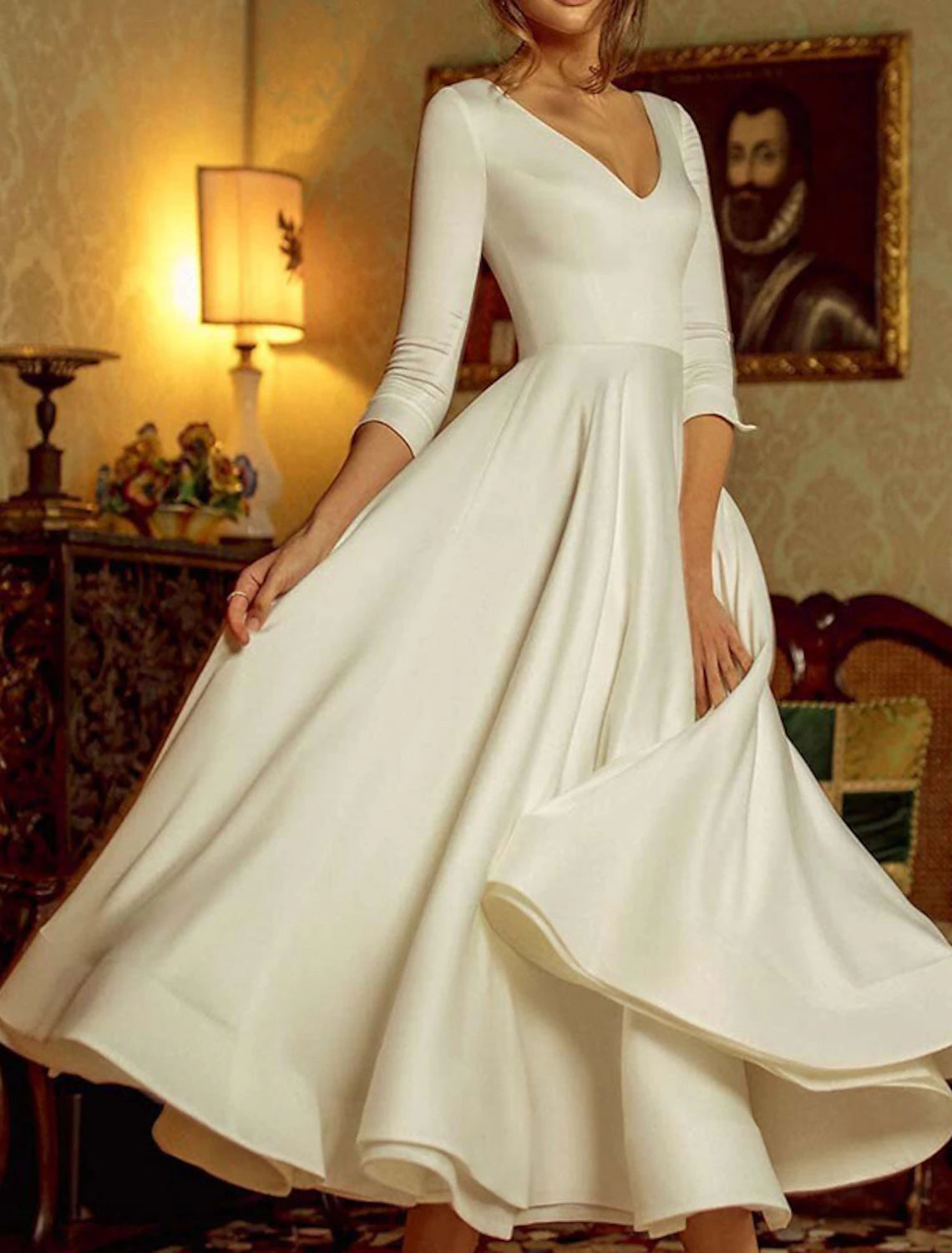 Women‘s Party Dress Wedding Guest Dress Swing Dress White Dress Long Dress Maxi Dress White 3/4 Length Sleeve Pure Color Patchwork Winter Fall Autumn V Neck Elegant Evening Party