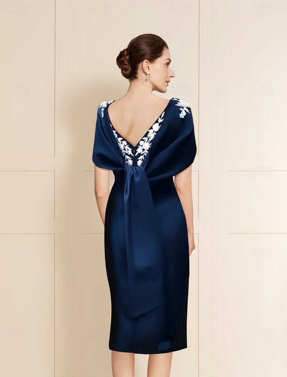 Buyishang Sheath / Column Mother of the Bride Dress Elegant Simple Off Shoulder Tea Length Stretch Fabric Short Sleeve with Bow(s) Pearls Embroidery free custom size