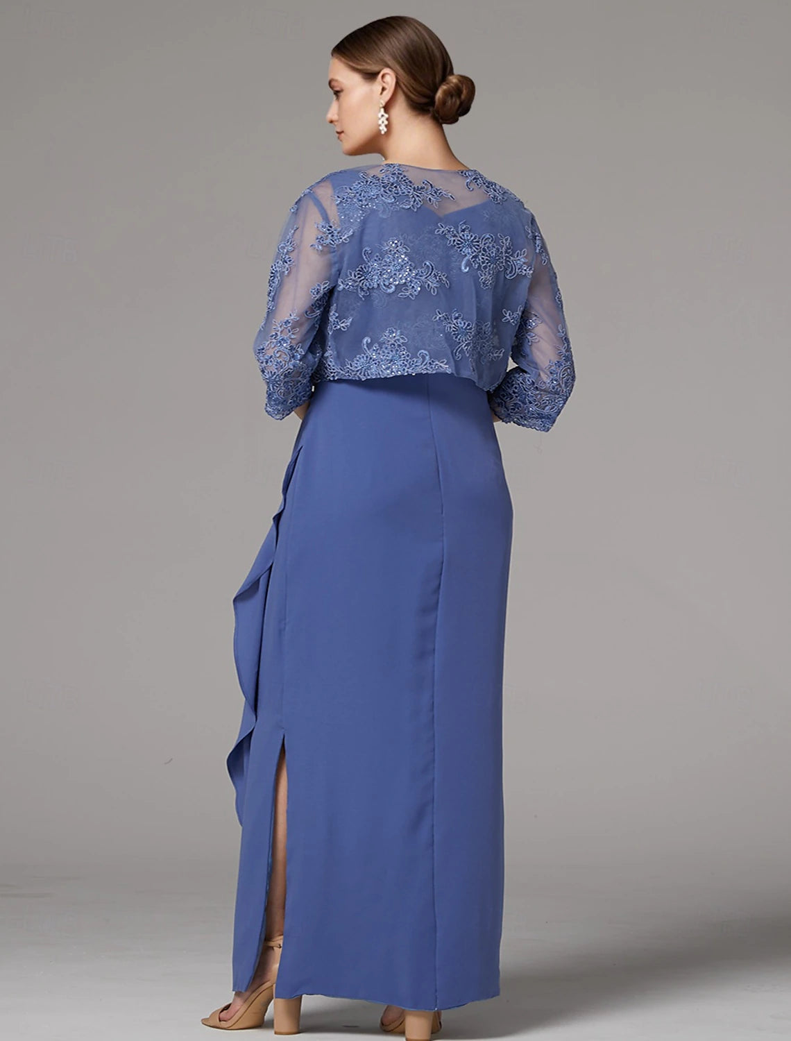 Buyishang Two Piece Sheath / Column Dress Mother of the Bride Dress Elegant Sparkle & Shine Jewel Neck Ankle Length Lace Stretch Fabric 3/4 Length Sleeve with Lace