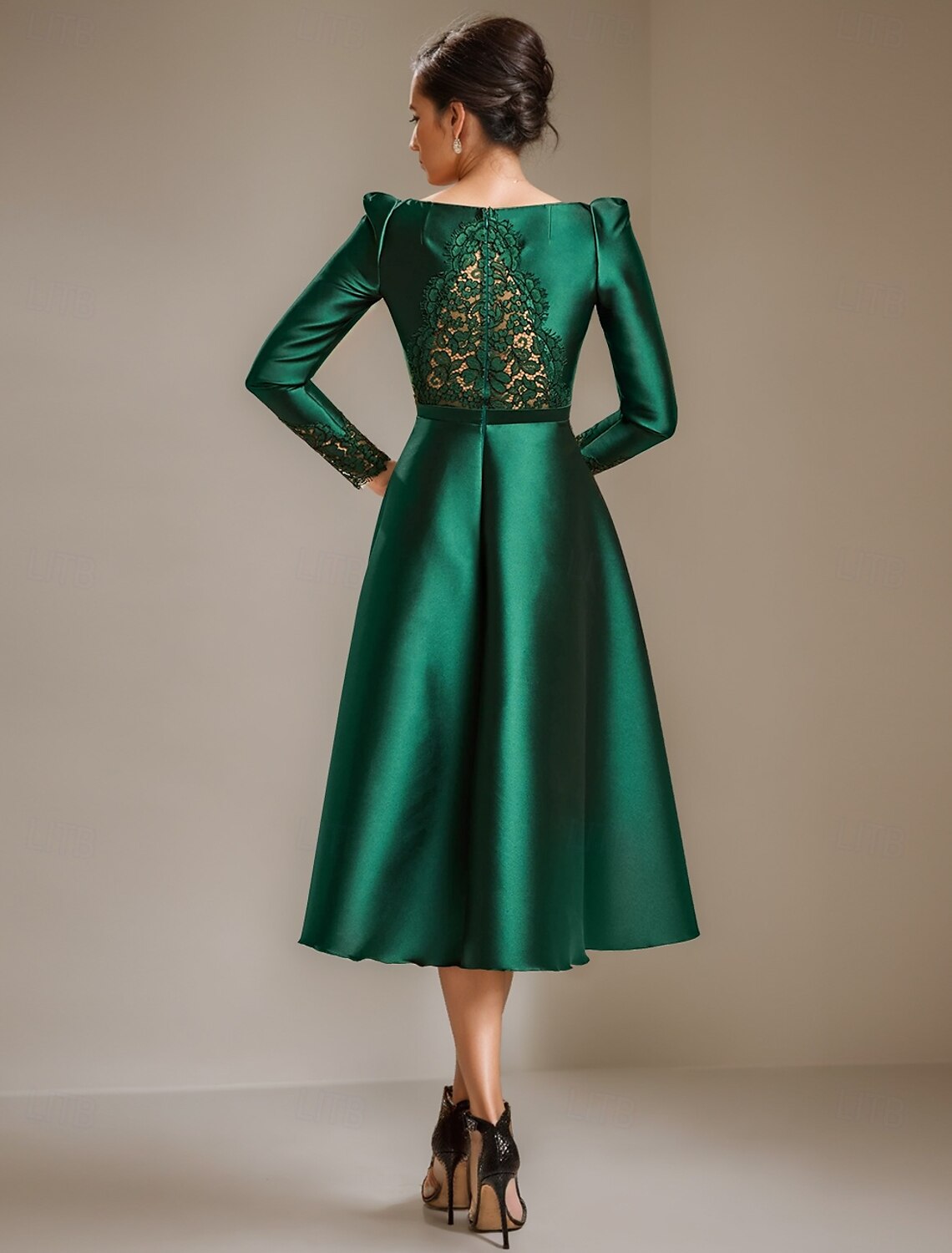 Buyishang A-Line Mother of the Bride Dress Elegant Simple Jewel Neck Tea Length Stretch Satin Long Sleeve with Lace Pleats free custom size