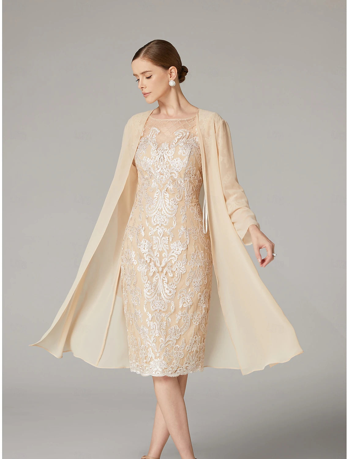 Buyishang Two Piece Sheath Dress Suit Mother of the Bride Dress Elegant Jewel Neck Knee Length Chiffon Lace 3/4 Length Sleeve Wrap Included Jacket Dresses with Beading Appliques