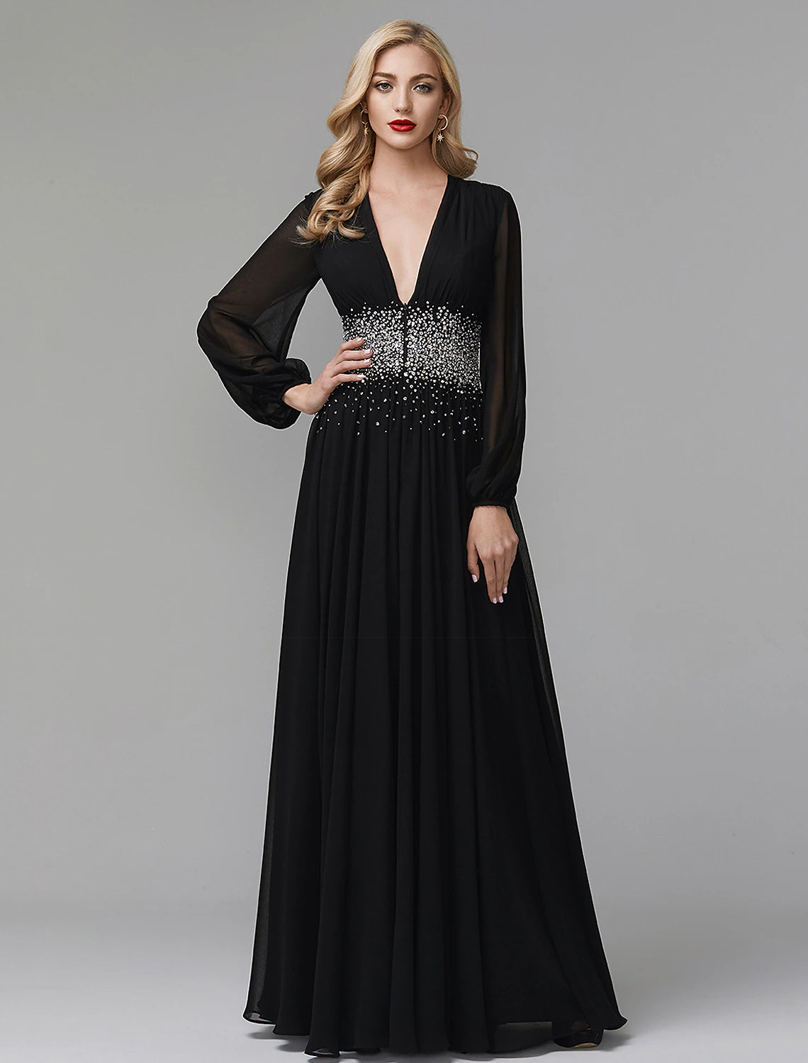 A-Line Evening Dress Celebrity Red Carpet Formal Gown Party Dress Black Tie Wedding Guest Floor Length Long Sleeve V Neck Chiffon with Sequin
