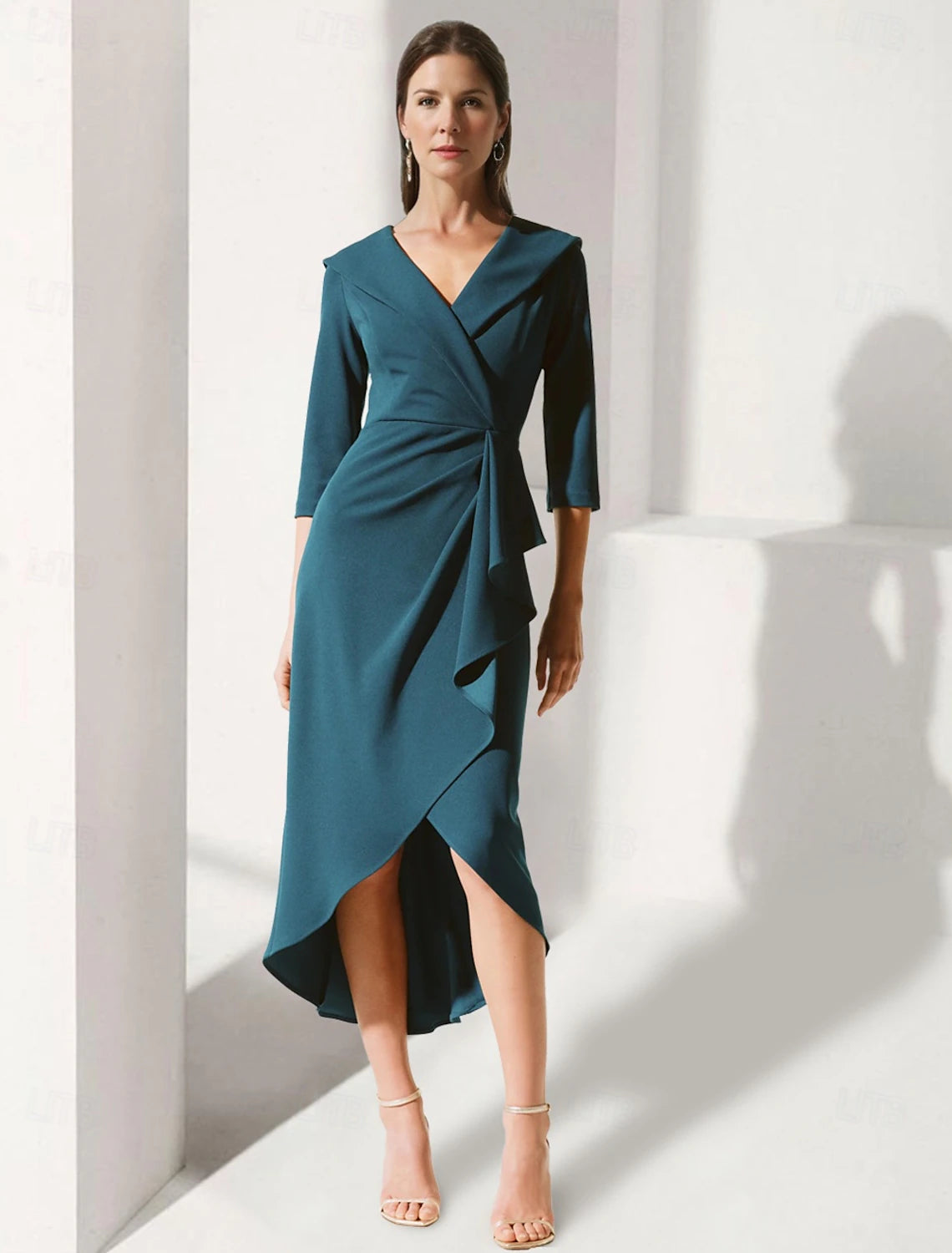 Buyishang A-Line Dress Mother of the Bride Dress Elegant V Neck Tea Length Stretch Fabric 3/4 Length Sleeve with Pick Up Skirt Ruched Solid Color free custom size