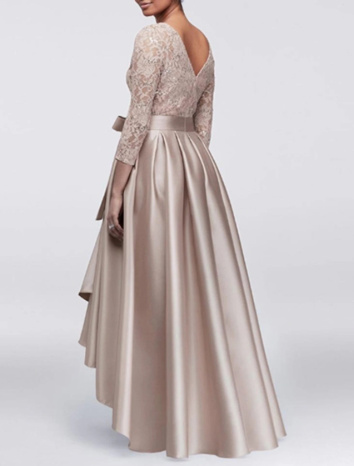 A-Line Mother of the Bride Dress Fall Wedding Guest Plus Size Elegant High Low Jewel Neck Asymmetrical Satin Lace 3/4 Length Sleeve with Sash / Ribbon Appliques