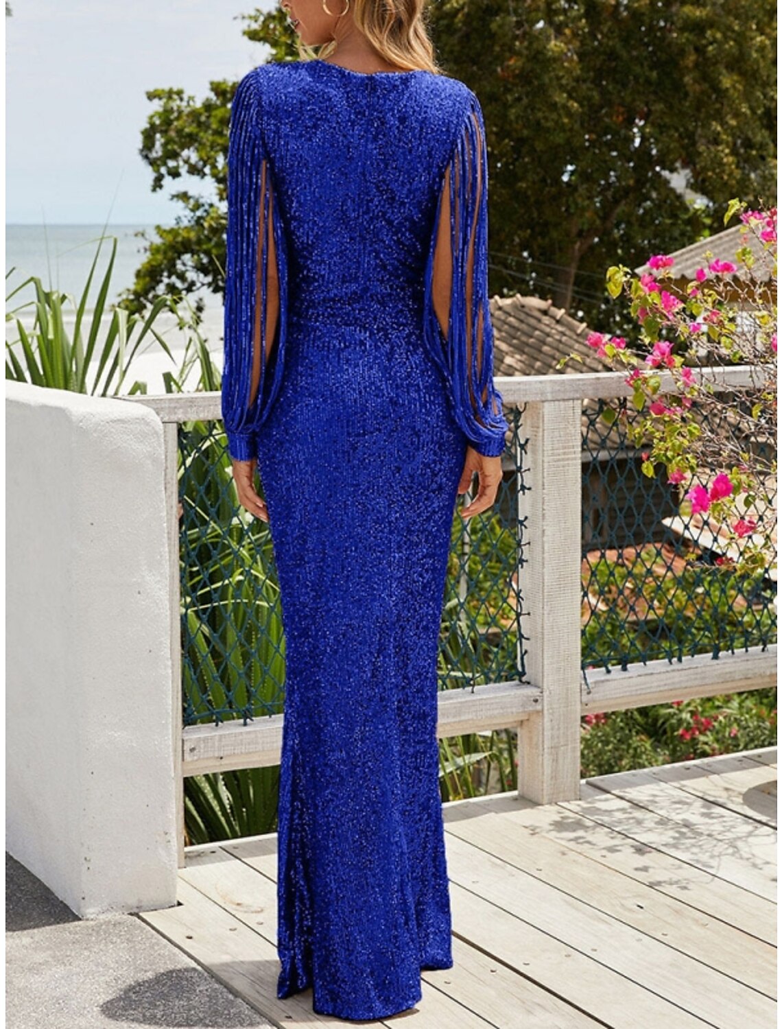 Sheath / Column Evening Gown Sparkle & Shine Dress Wedding Guest Party Wear Sweep / Brush Train Long Sleeve V Neck Sequined with Glitter Pleats