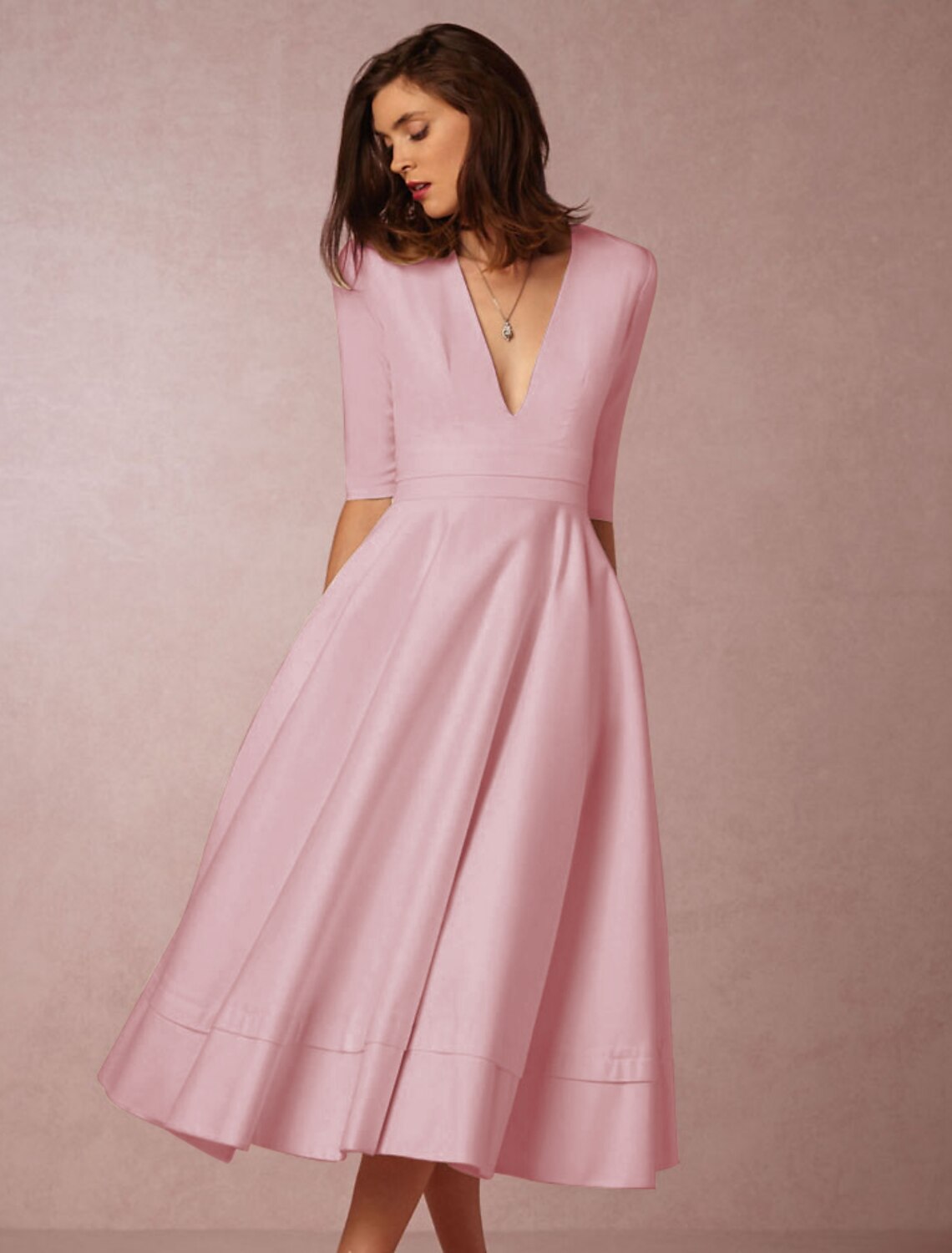 A-Line Special Occasion Dresses Party Dress Holiday Wedding Guest Tea Length Half Sleeve V Neck  Jersey with Pleats