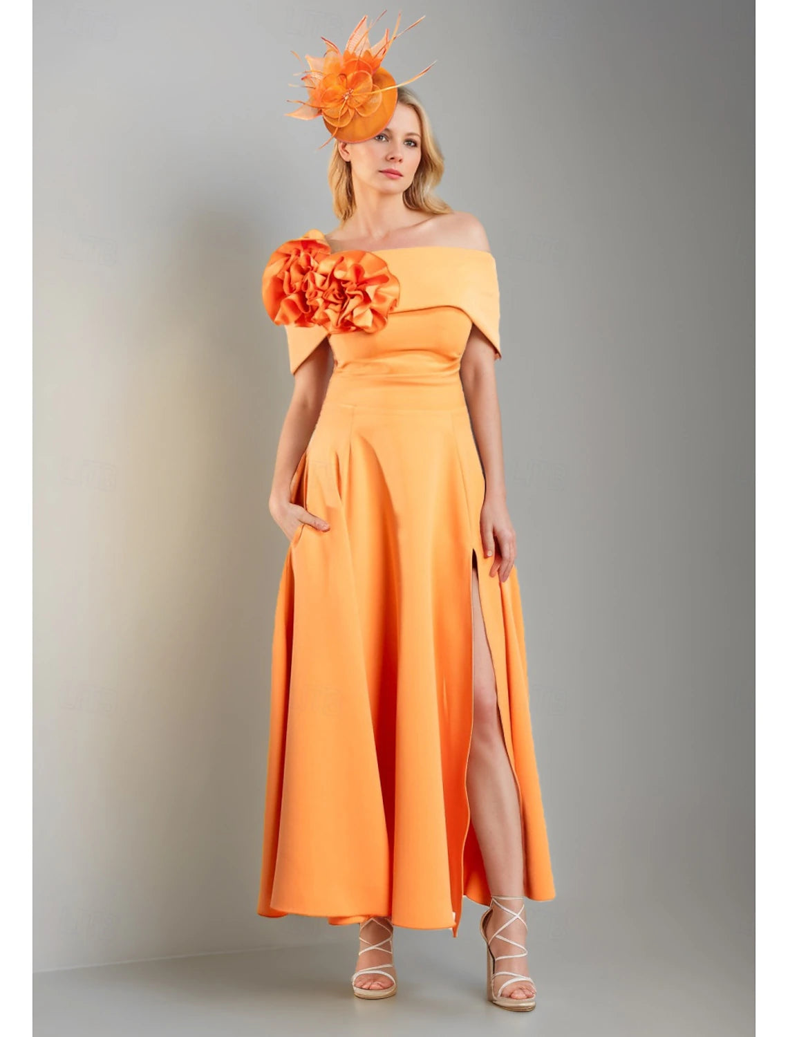 Buyishang A-Line Mother of the Bride Dress Elegant Simple Off Shoulder Tea Length Stretch Satin Short Sleeve with Pleats Flower free custom size