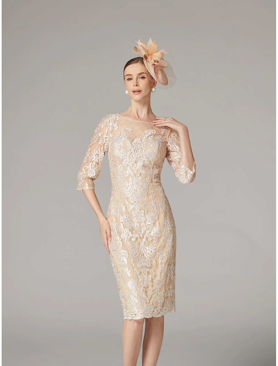Buyishang Two Piece Sheath Dress Suit Mother of the Bride Dress Elegant Jewel Neck Knee Length Chiffon Lace 3/4 Length Sleeve Wrap Included Jacket Dresses with Beading Appliques