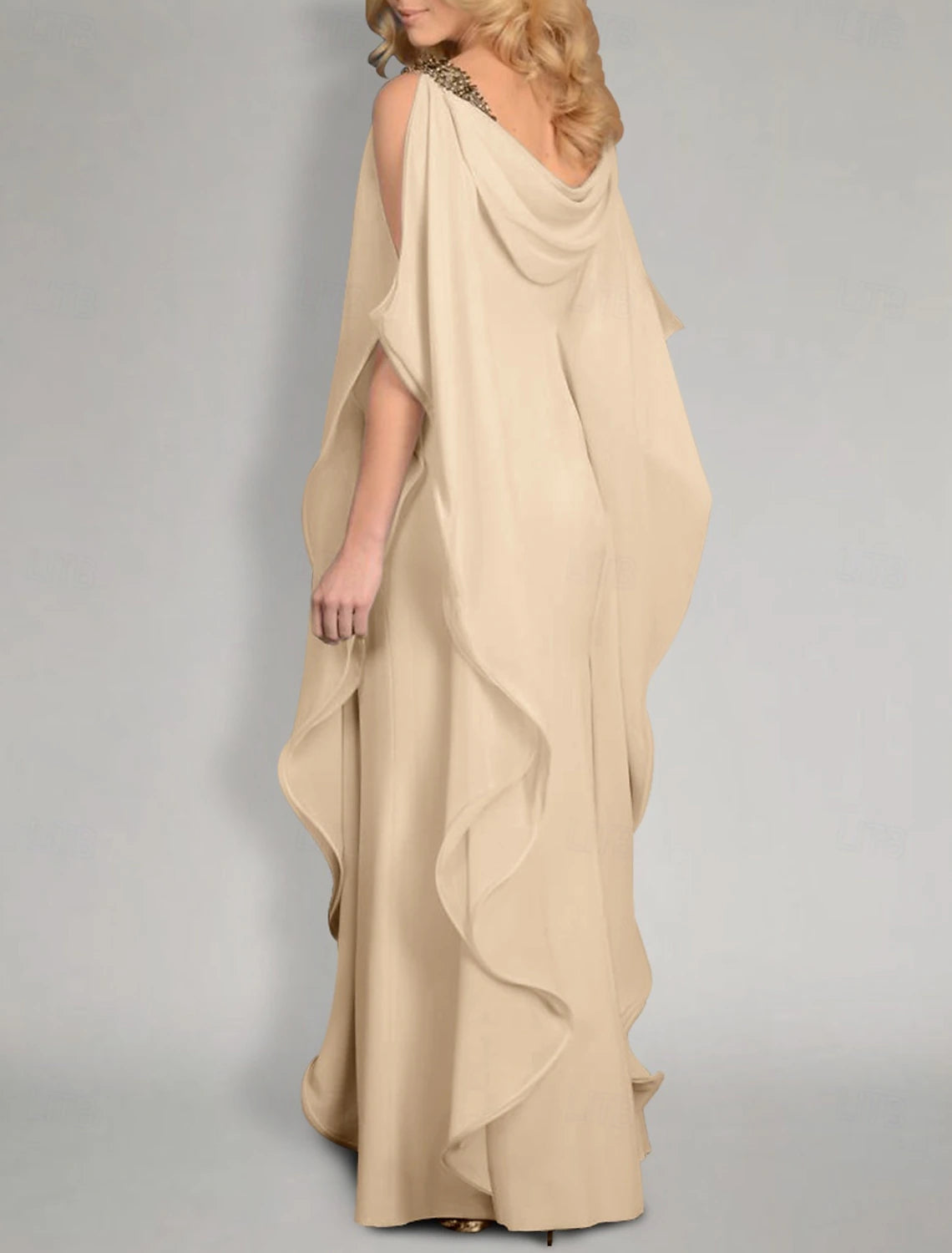 Buyishang Sheath / Column Dress Mother of the Bride Dress Wedding Guest Elegant Plus Size Jewel Neck Floor Length Chiffon Half Sleeve with Beading Cascading Ruffles