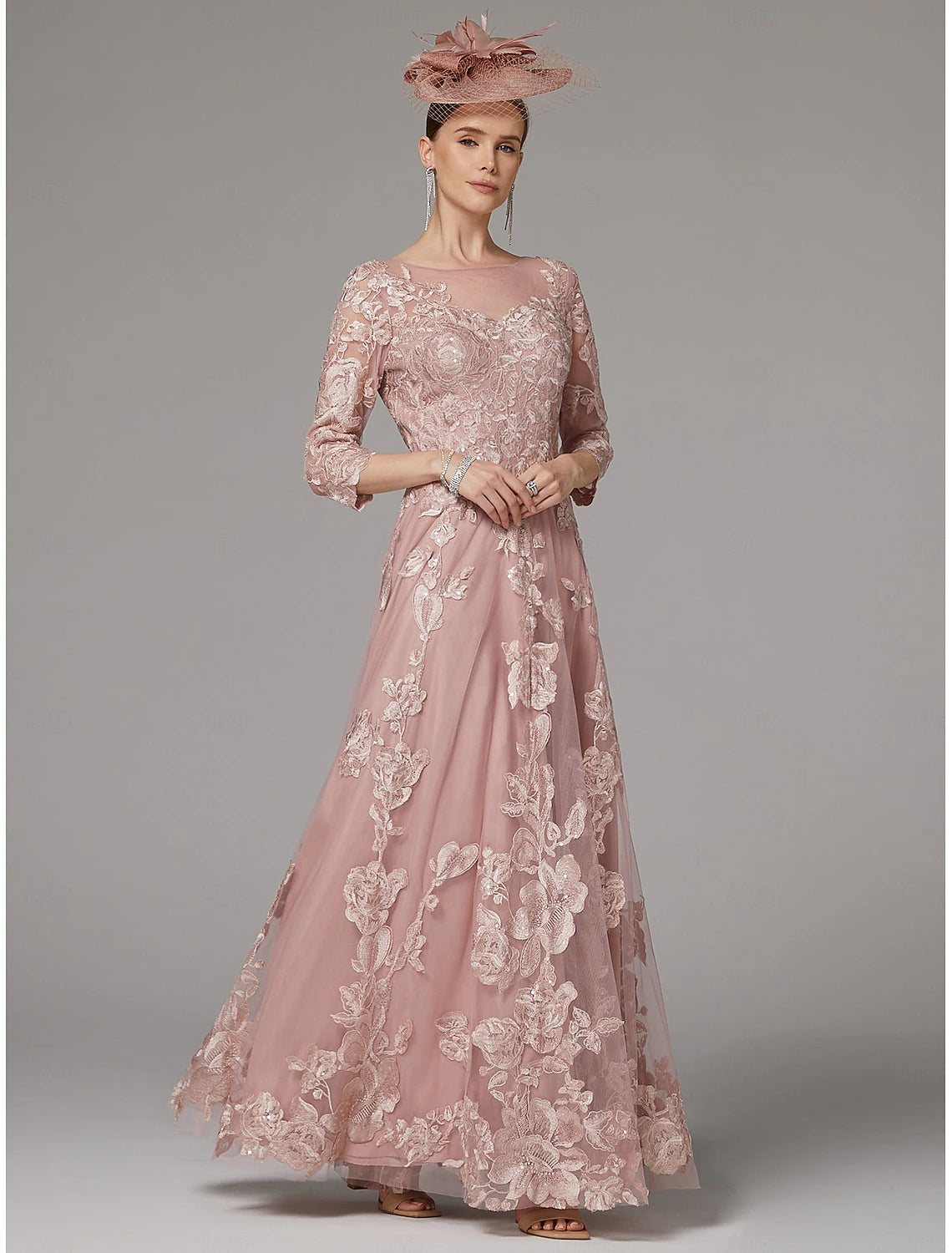 Buyishang A-Line Dress Mother of the Bride Dress Elegant Jewel Neck Floor Length Lace 3/4 Length Sleeve with Lace Pleats Appliques