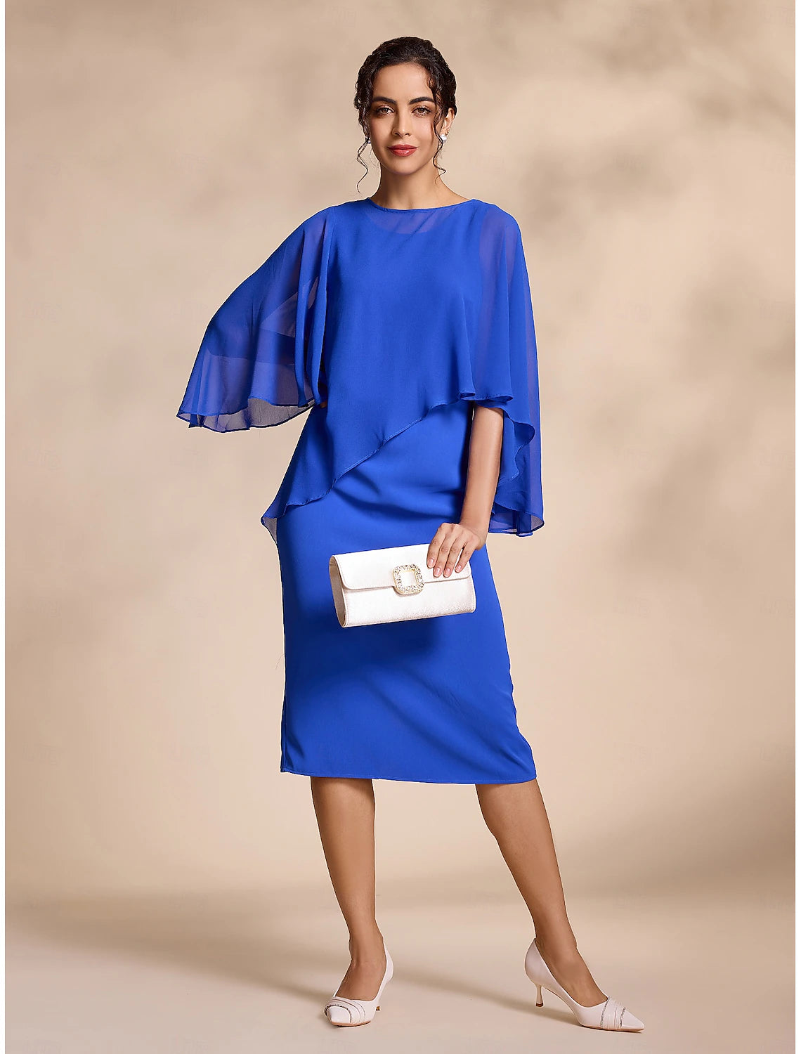 Buyishang Blue Chiffon Causal Round Sleeve 2 Piece Midi Mother of the Bride Dress dress to impress