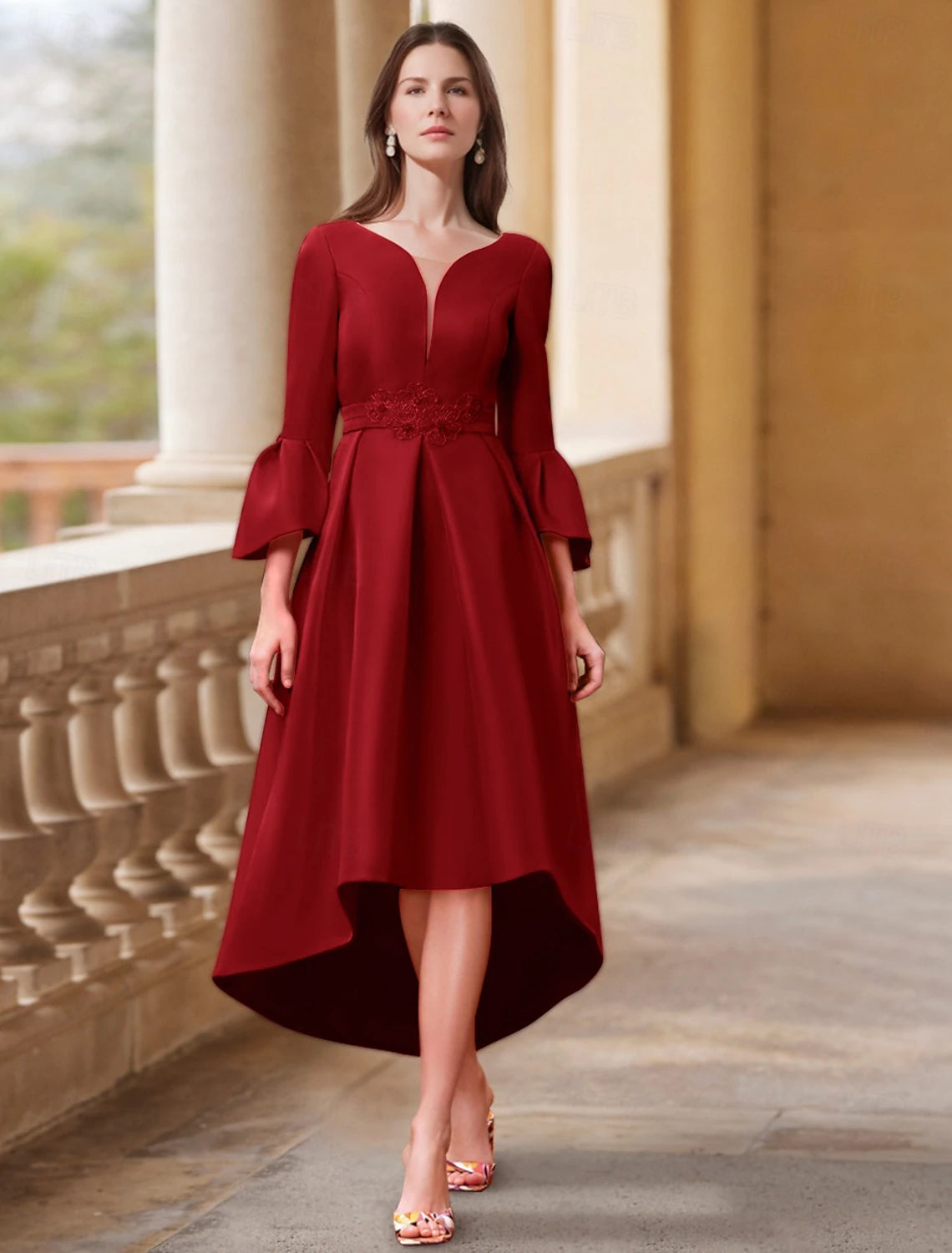Buyishang A-Line Dress Mother of the Bride Dress Wedding Guest Elegant V Neck Asymmetrical Tea Length Satin 3/4 Length Sleeve with Pleats Solid Color