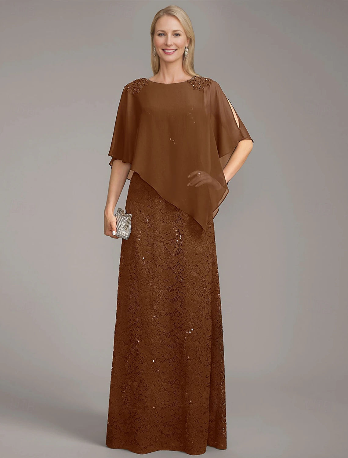 Buyishang A-Line Dress Mother of the Bride Dress Elegant Jewel Neck Floor Length Chiffon Half Sleeve with Lace Solid Color