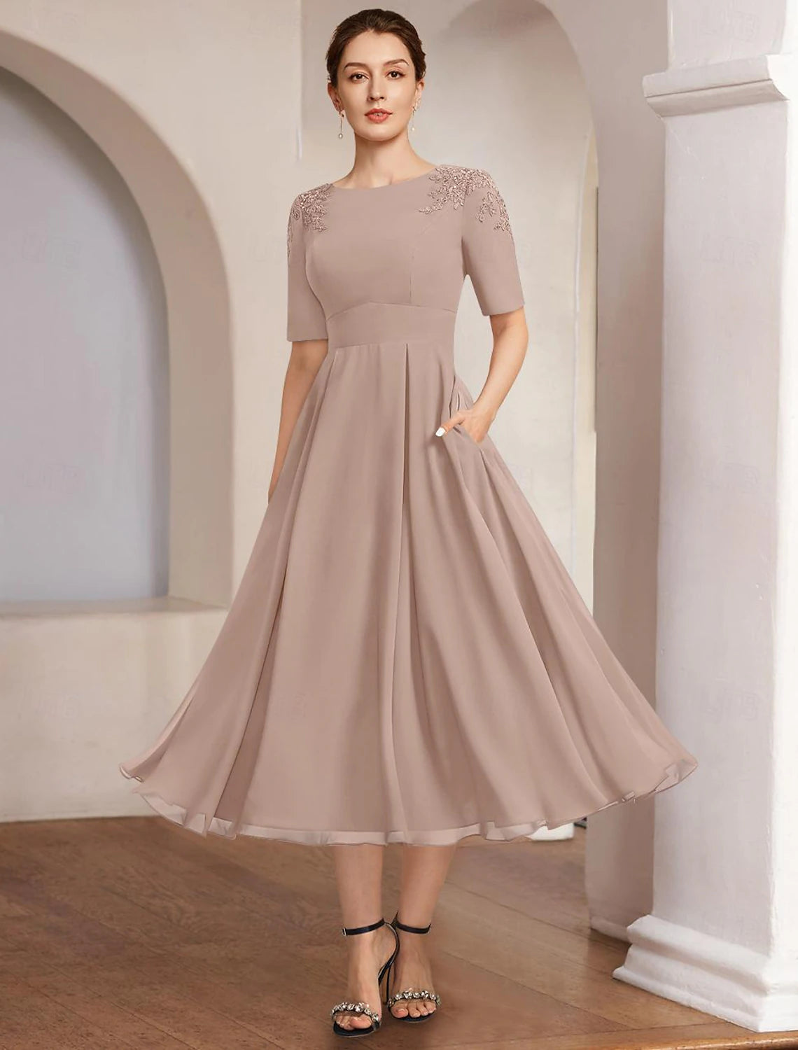 Buyishang A-Line Mother of the Bride Dress Formal Elegant Bateau Neck Tea Length Chiffon Half Sleeve with Lace free custom size