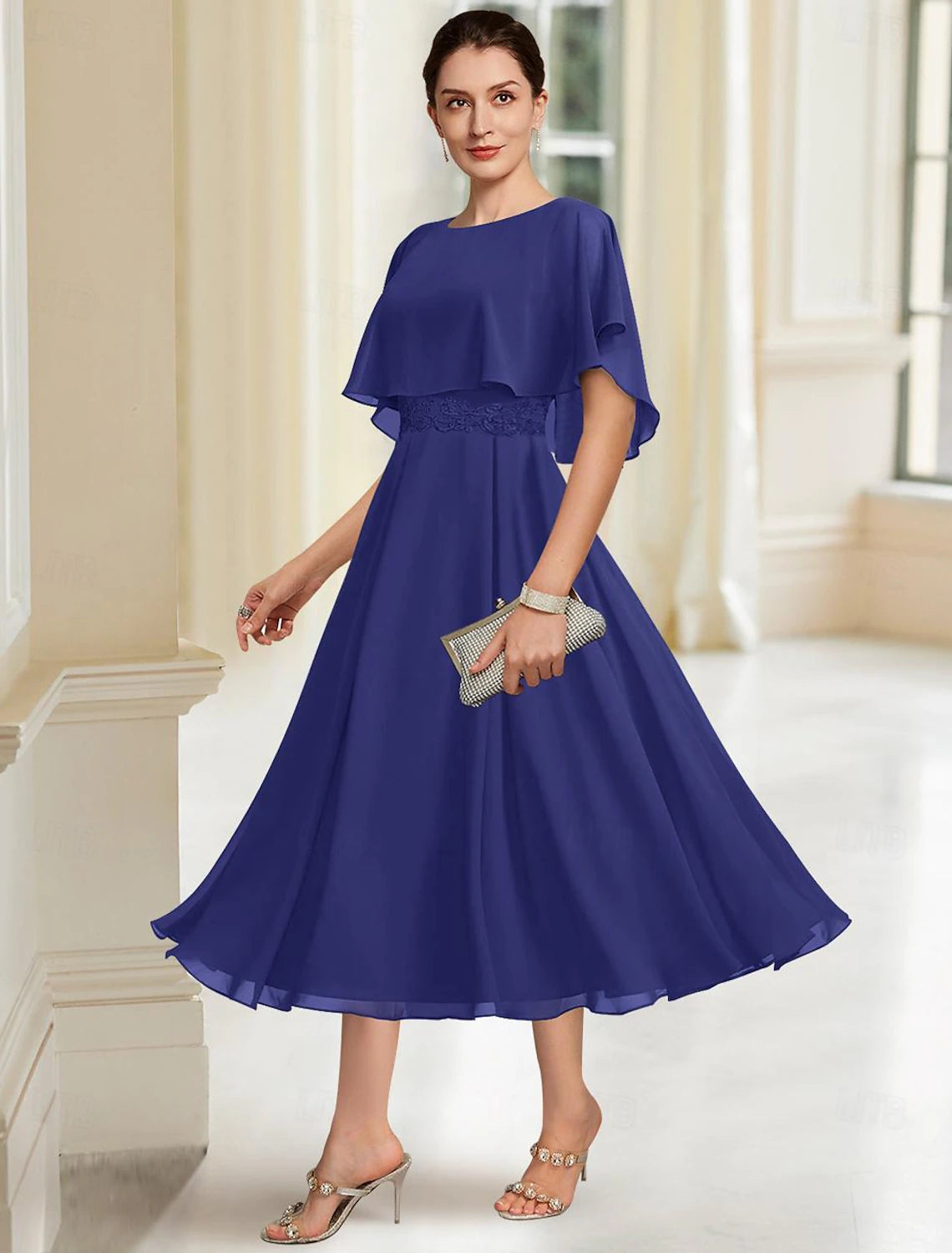 Buyishang A-Line Mother of the Bride Dress Elegant Jewel Neck Tea Length Chiffon Half Sleeve with Lace free custom size