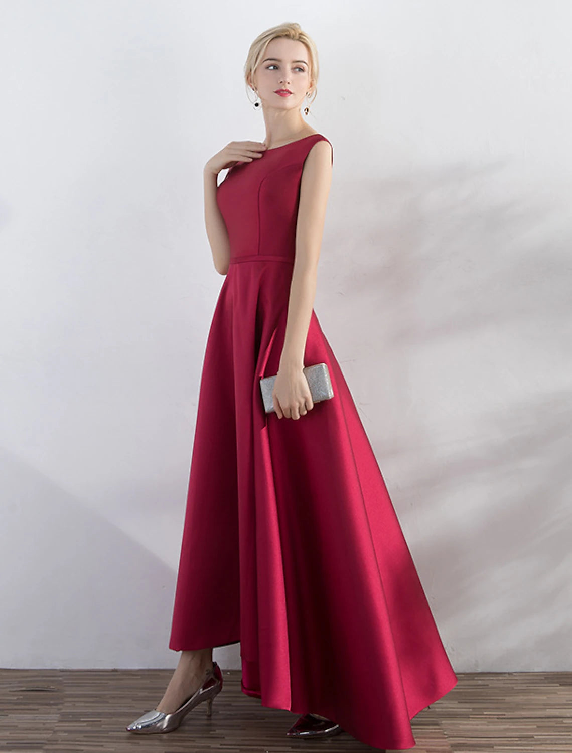 A-Line Evening Gown Minimalist Dress Party Wear Formal Evening Asymmetrical Sleeveless Jewel Neck Satin with Sleek