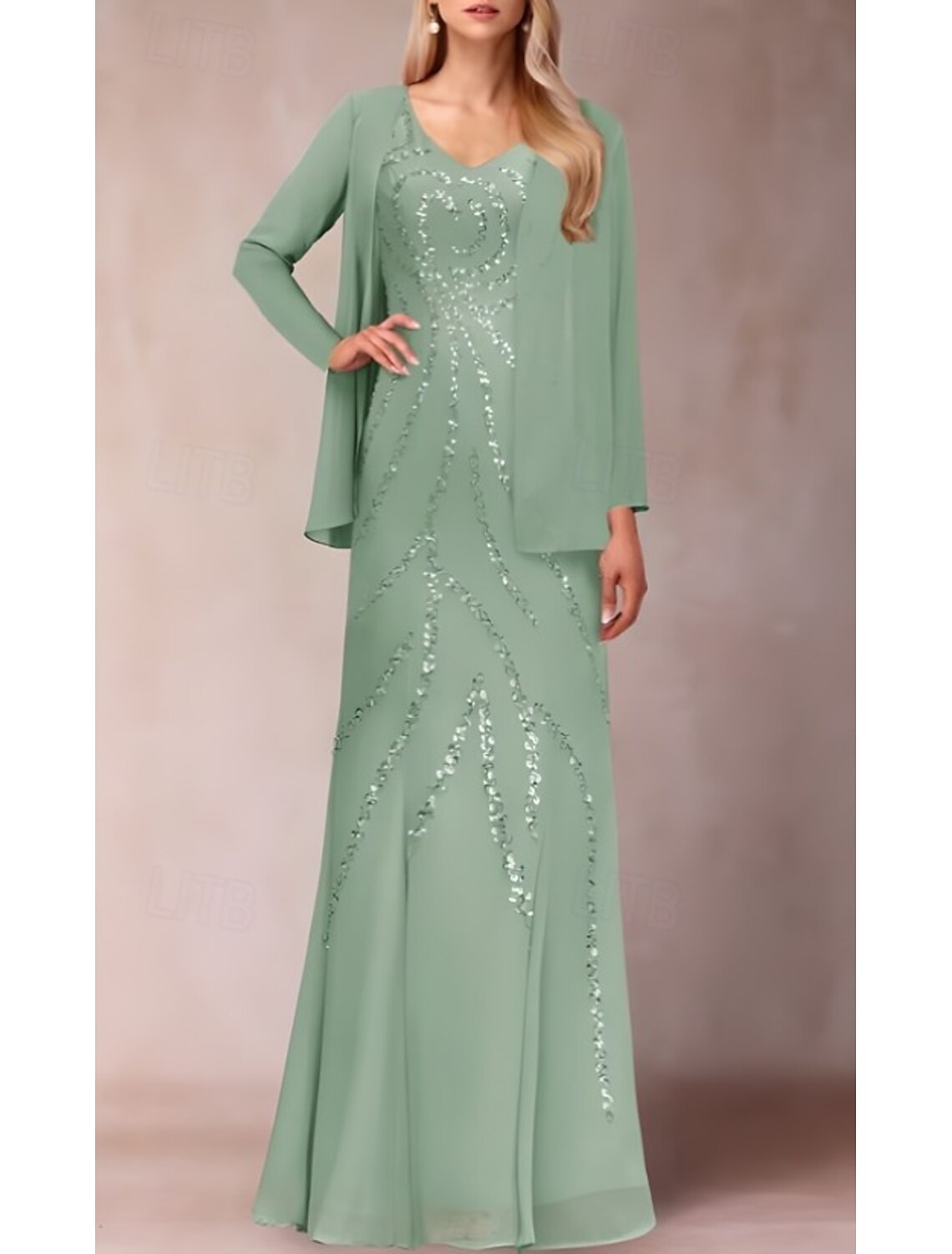 Buyishang Two Piece Sheath / Column Dress Suit Mother of the Bride Dress Elegant Sparkle & Shine V Neck Floor Length Chiffon Sequined Short Sleeve with Sequin